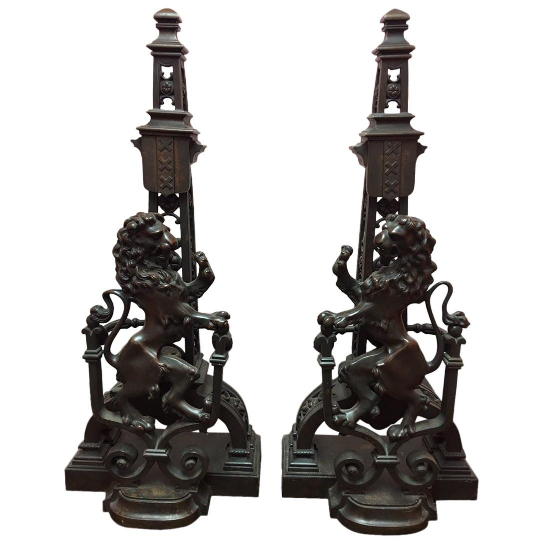 Pair of French Lion Motif Bronze Andirons, 19th Century