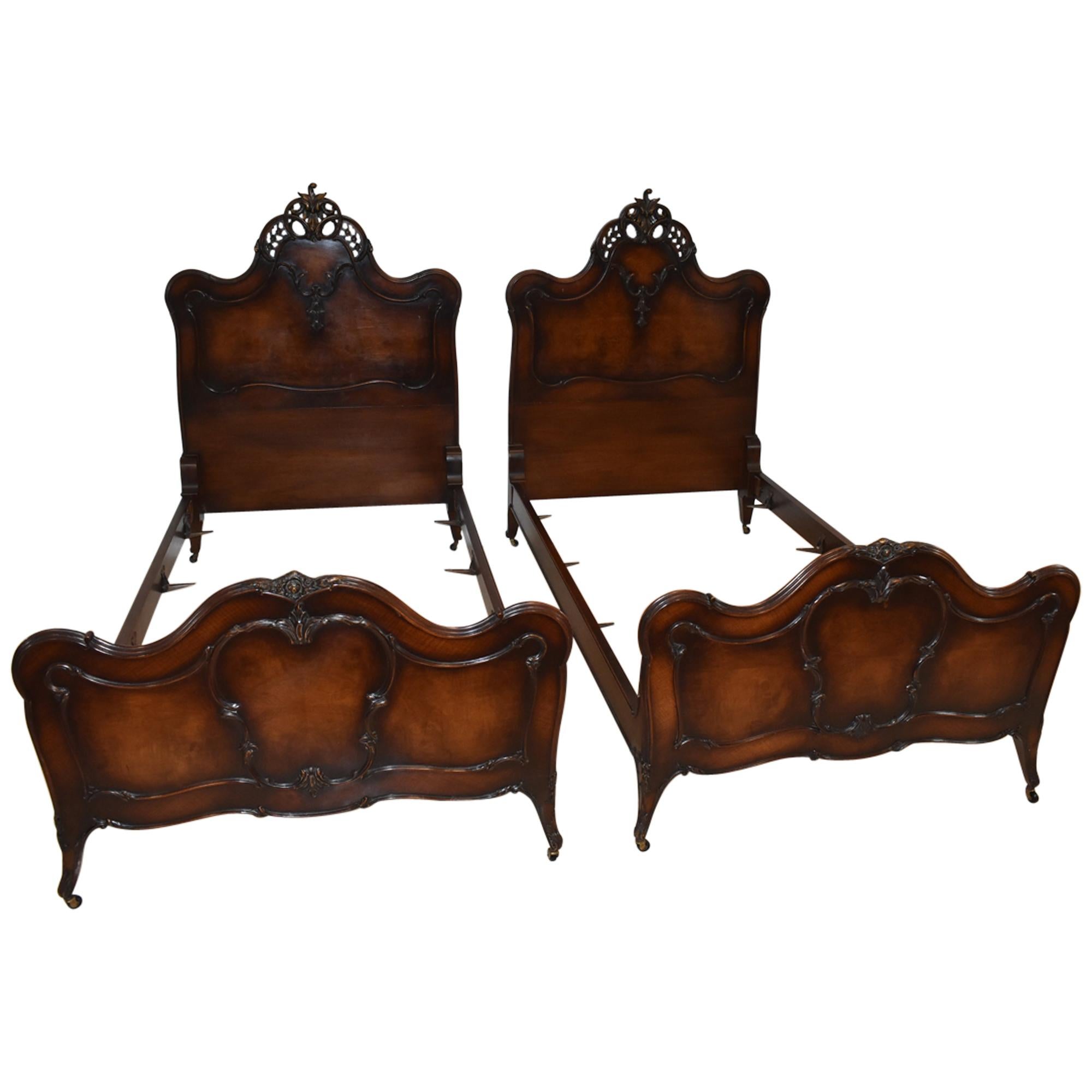 Pair of French Louie XV Style Walnut Twin Bed Frames by Irwin Furniture