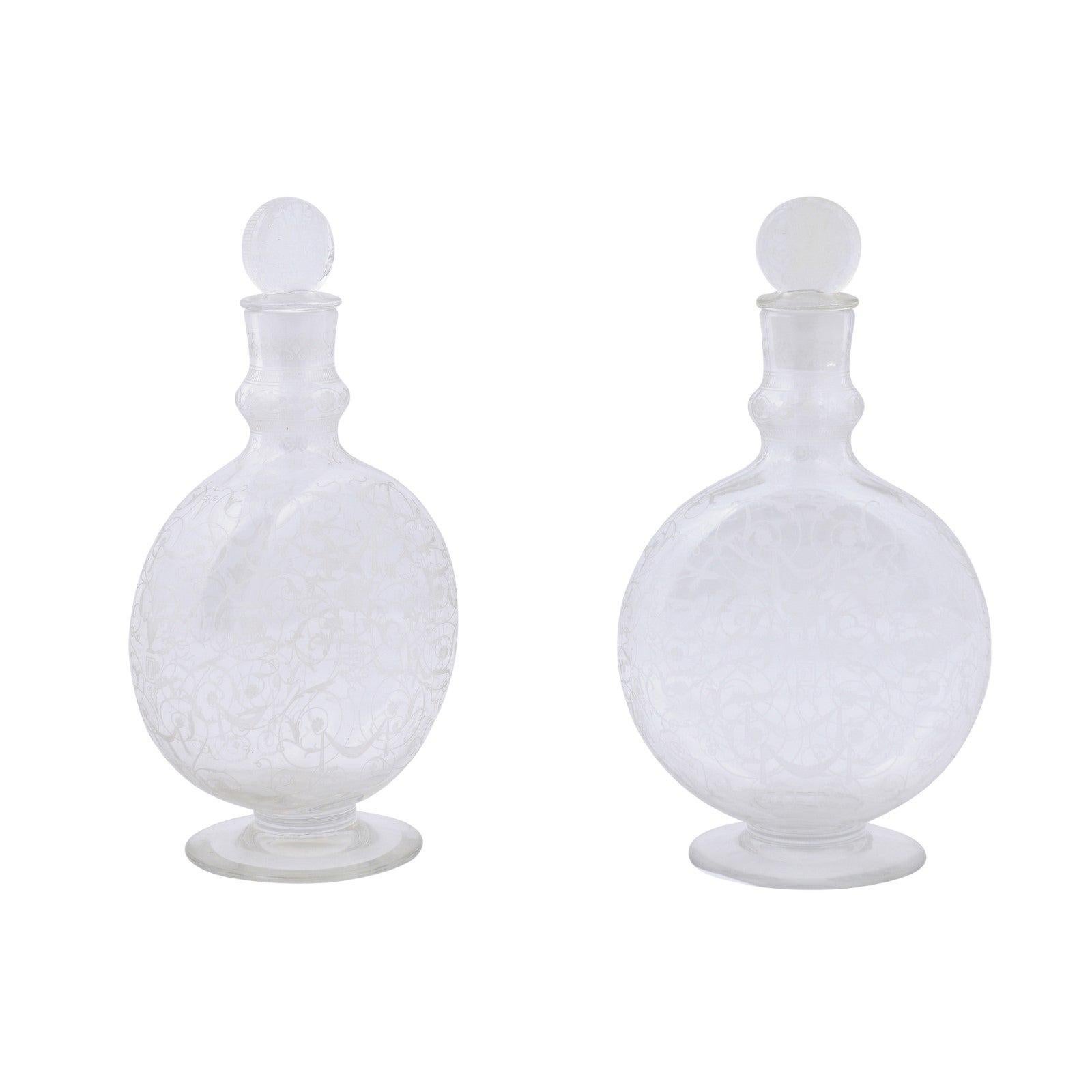 Pair of French Louis-Philippe 1830s Baccarat Crystal Carafes with Etched Decor For Sale