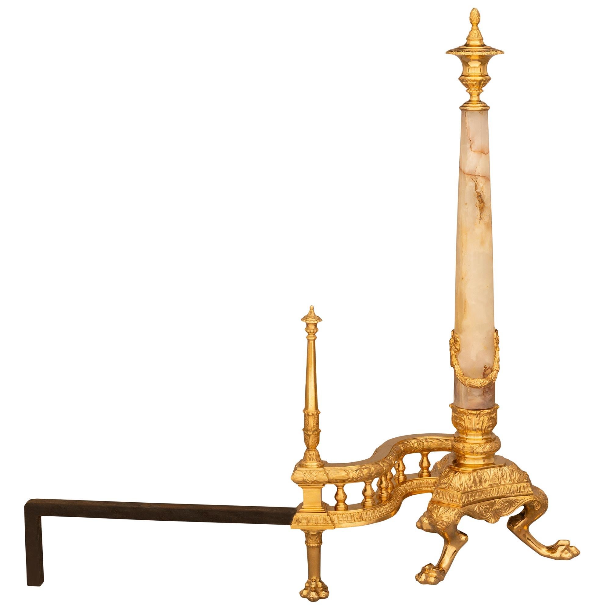 Pair Of French Louis Philippe Period Ormolu, Onyx And Wrought Iron Andirons In Good Condition For Sale In West Palm Beach, FL