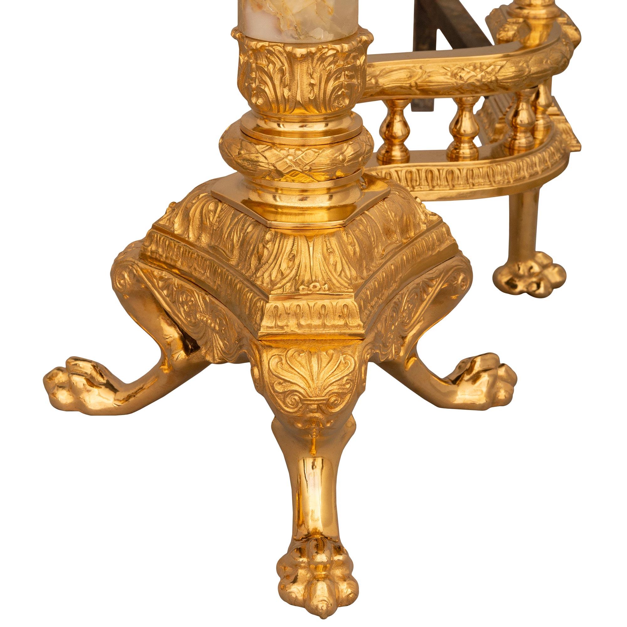 Pair Of French Louis Philippe Period Ormolu, Onyx And Wrought Iron Andirons For Sale 2