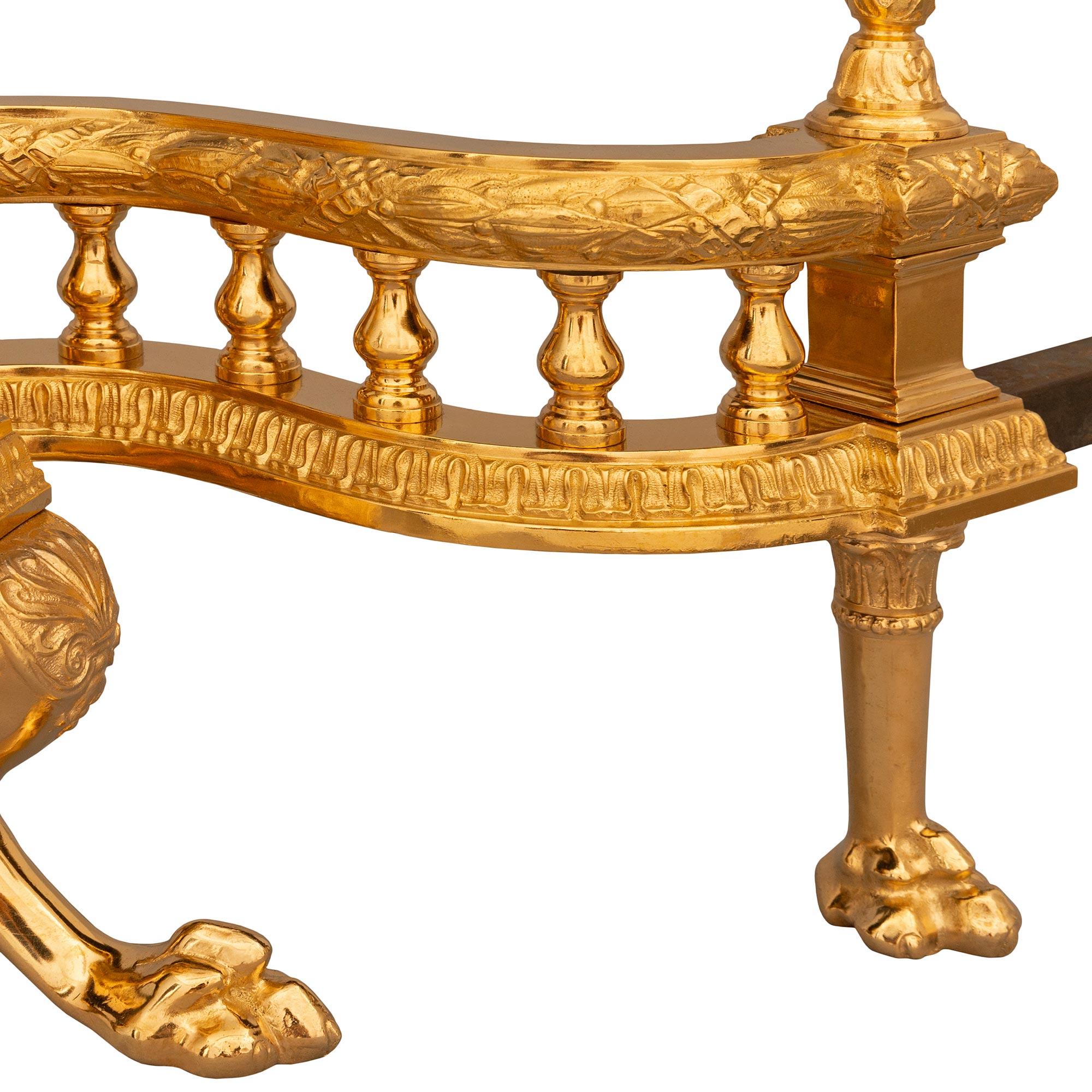 Pair Of French Louis Philippe Period Ormolu, Onyx And Wrought Iron Andirons For Sale 3