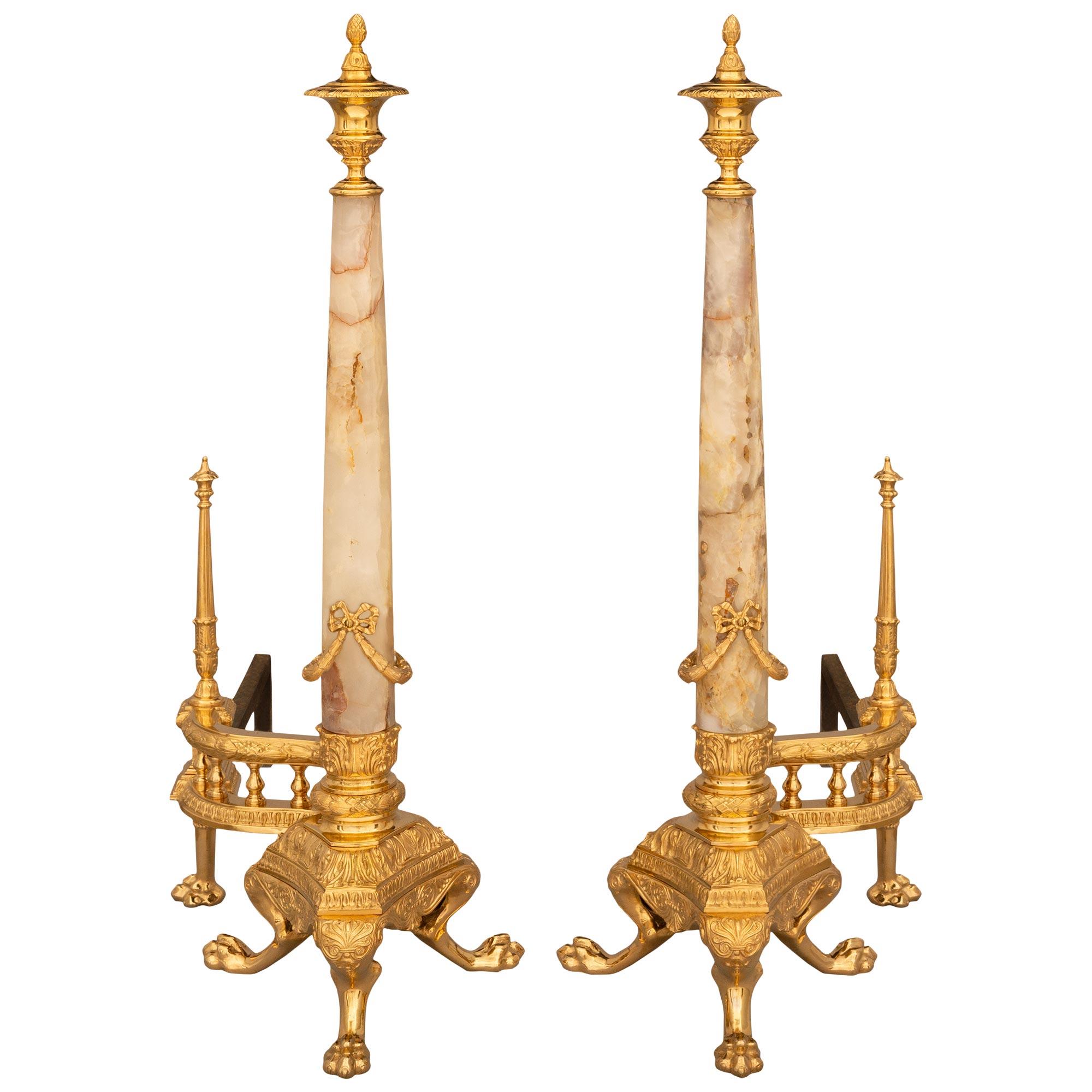 Pair Of French Louis Philippe Period Ormolu, Onyx And Wrought Iron Andirons For Sale 5