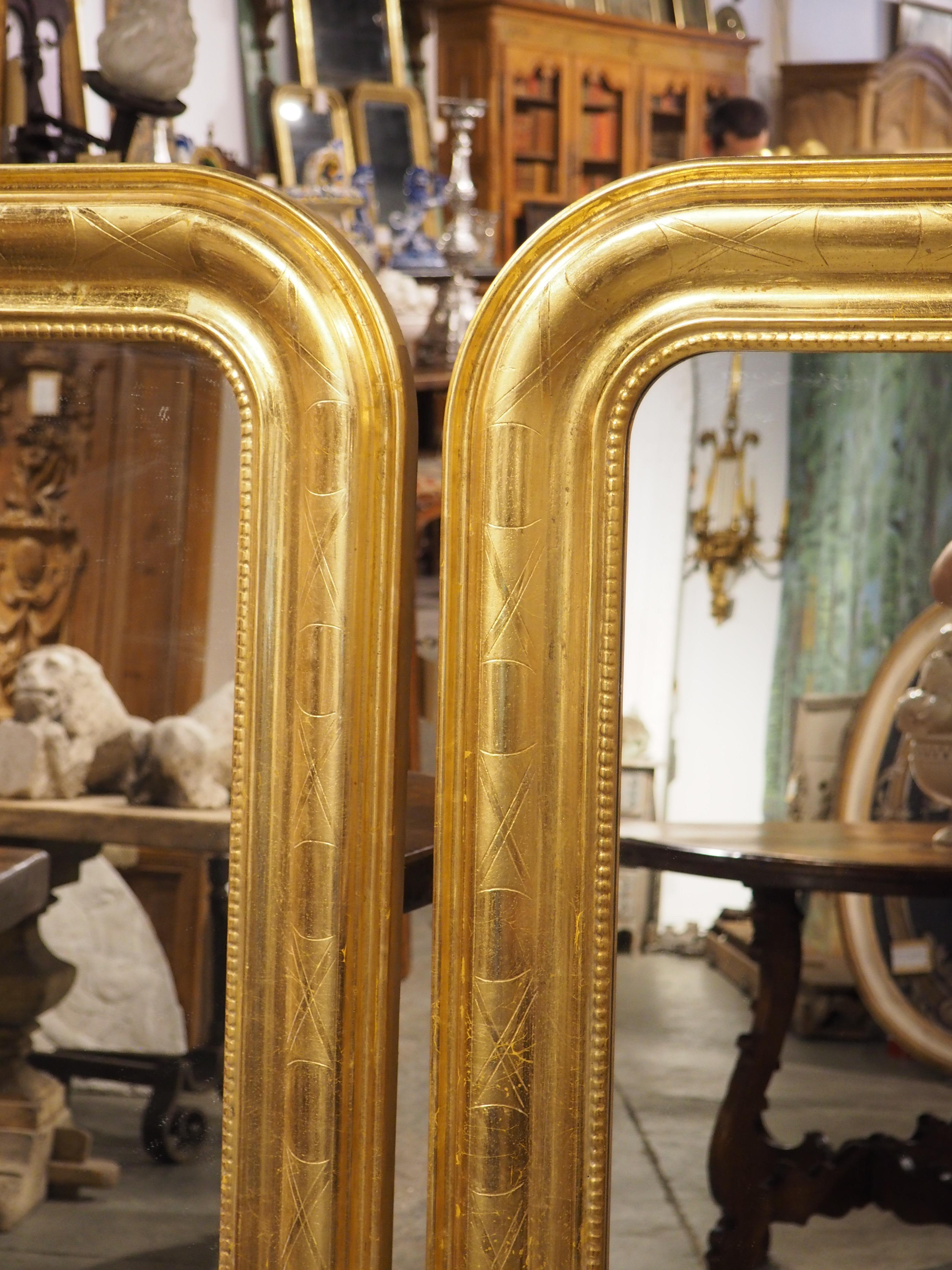Pair of French Louis Philippe Style Gold Leaf Wall Mirrors, 20th Century In Good Condition In Dallas, TX