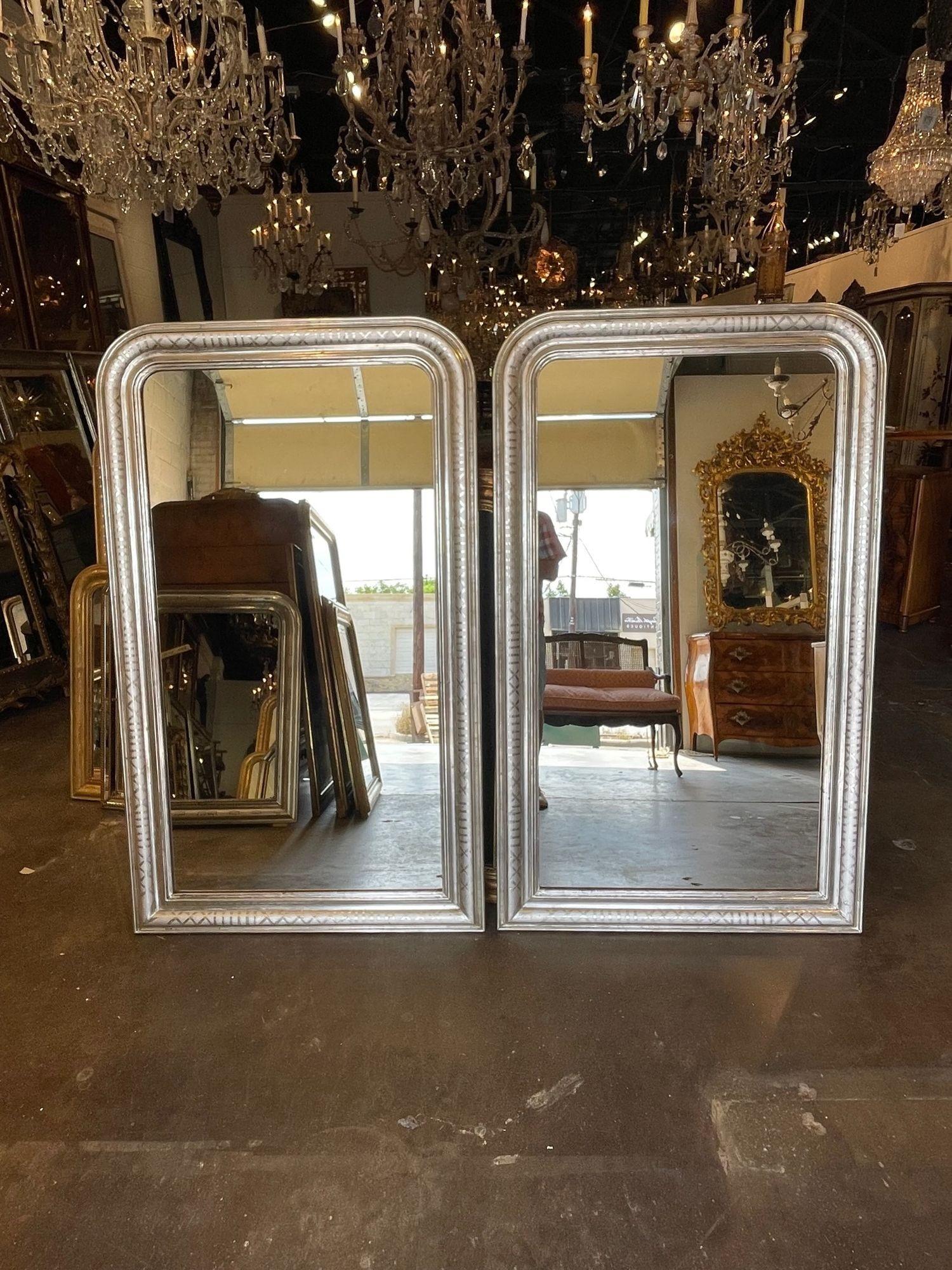 Very fine pair of French Louis Philippe style mirrors with geometric pattern. Very fine quality and patina on these! So pretty!