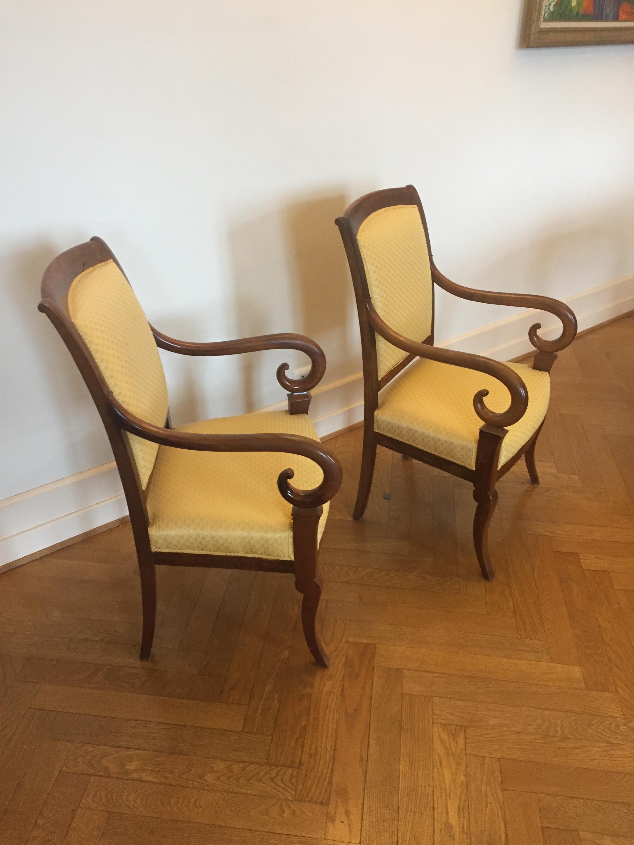 Pair of French Louis Phillipe Mahogany Armchairs Recovered in a Yellow Fabric For Sale 5