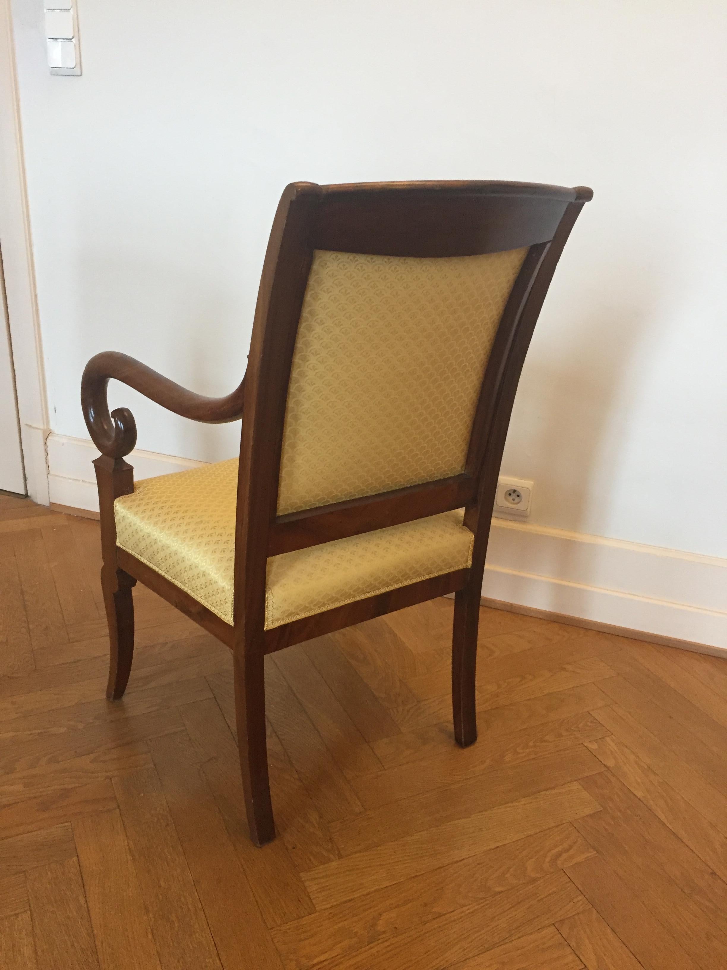 Louis Philippe Pair of French Louis Phillipe Mahogany Armchairs Recovered in a Yellow Fabric For Sale