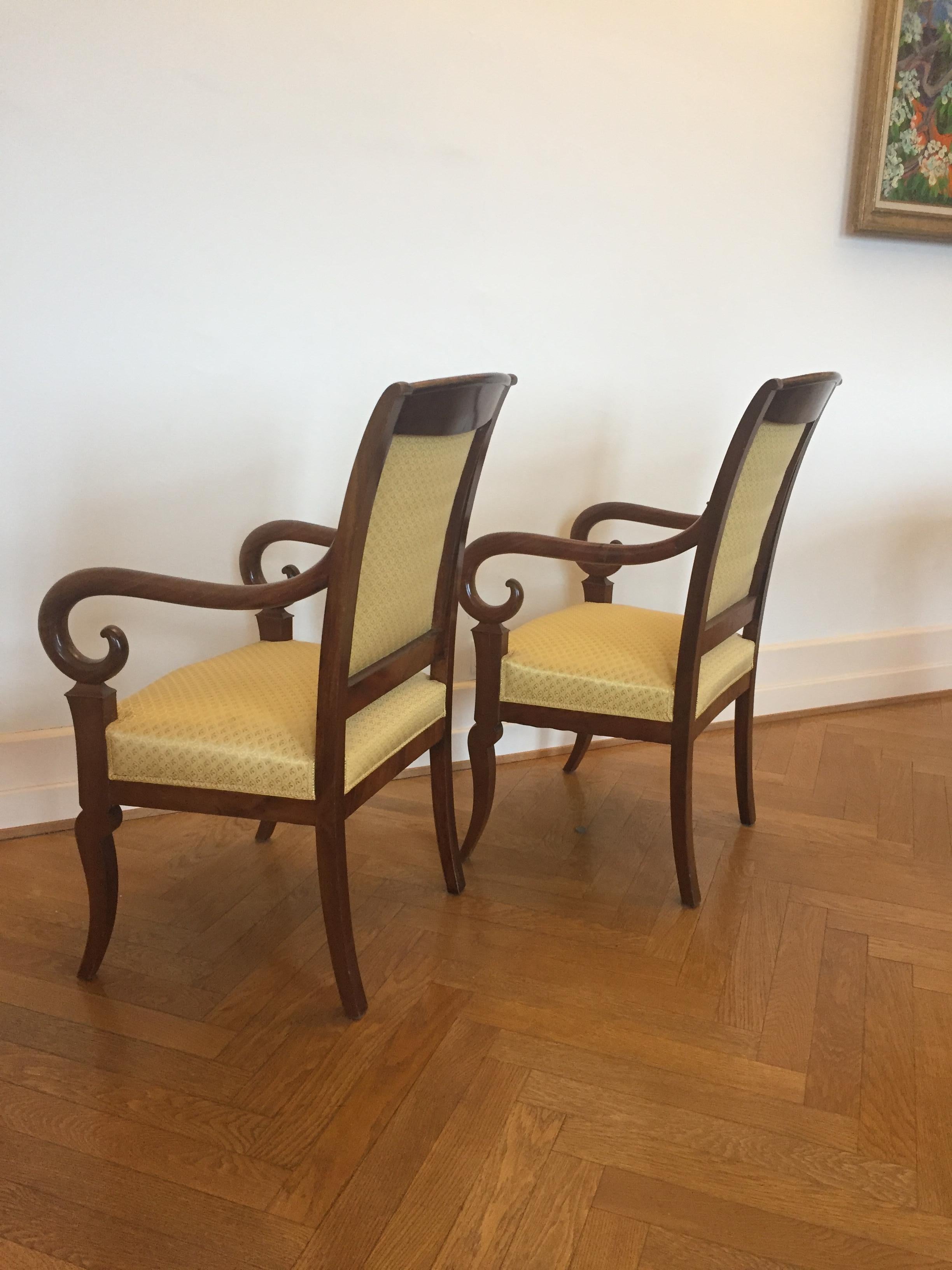 Pair of French Louis Phillipe Mahogany Armchairs Recovered in a Yellow Fabric For Sale 1