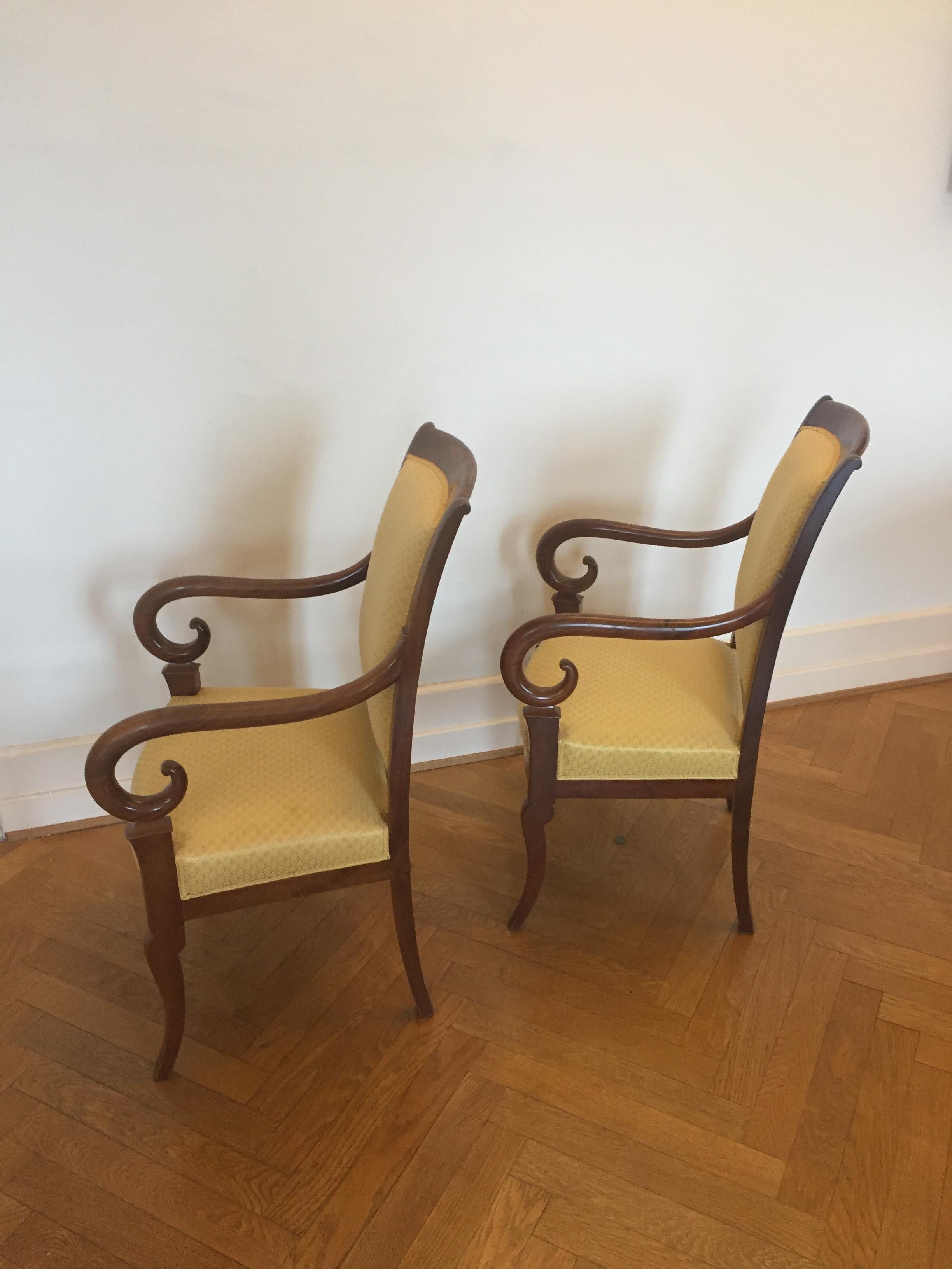 Pair of French Louis Phillipe Mahogany Armchairs Recovered in a Yellow Fabric For Sale 2