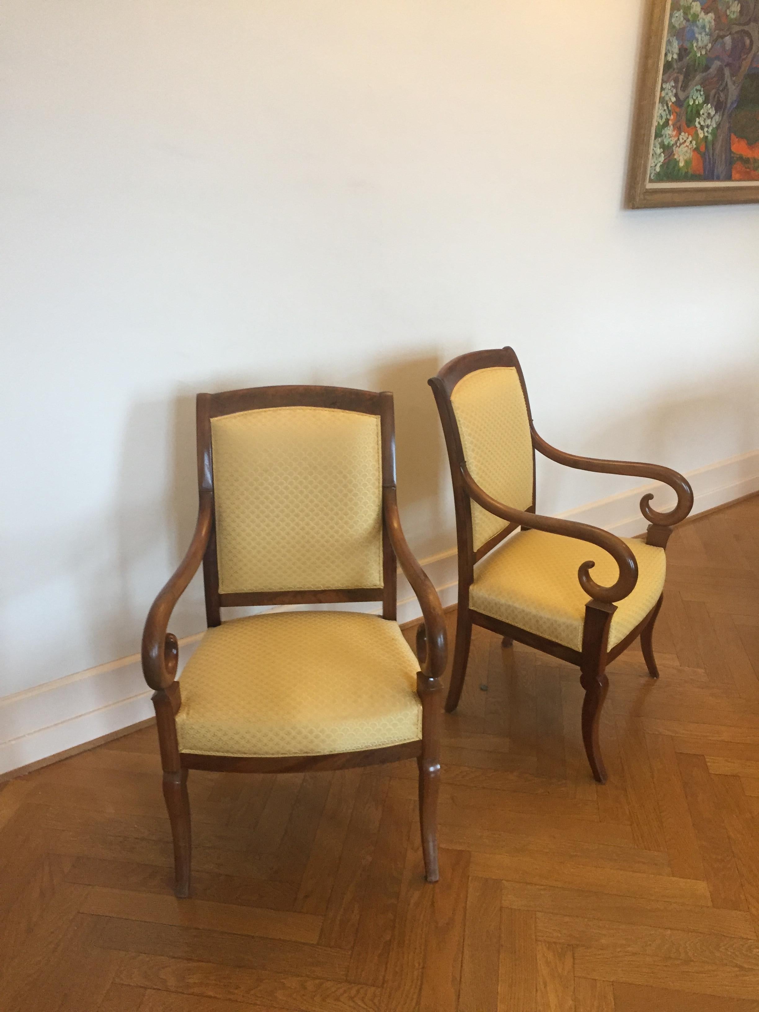 Pair of French Louis Phillipe Mahogany Armchairs Recovered in a Yellow Fabric For Sale 3