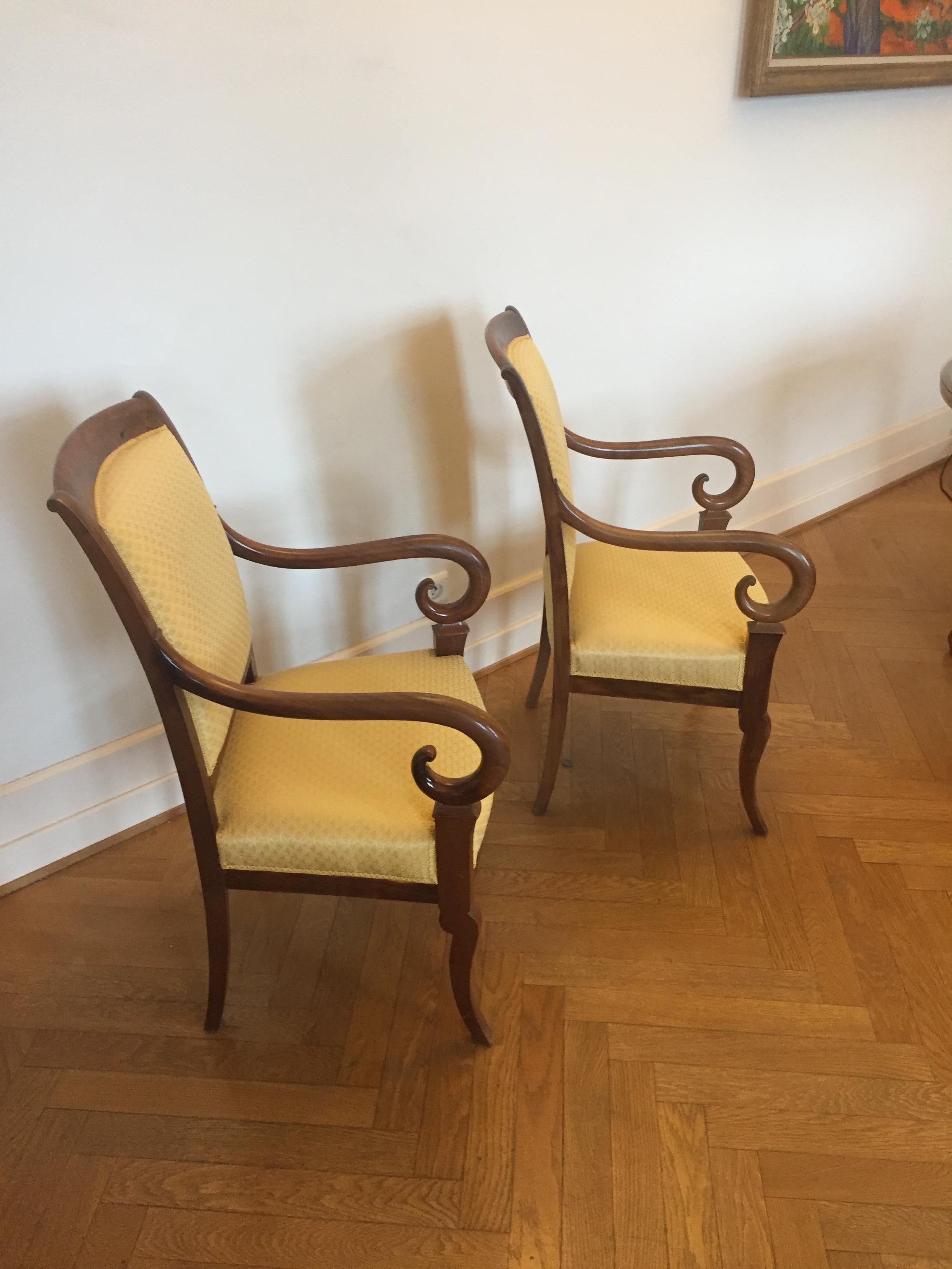Pair of French Louis Phillipe Mahogany Armchairs Recovered in a Yellow Fabric For Sale 4