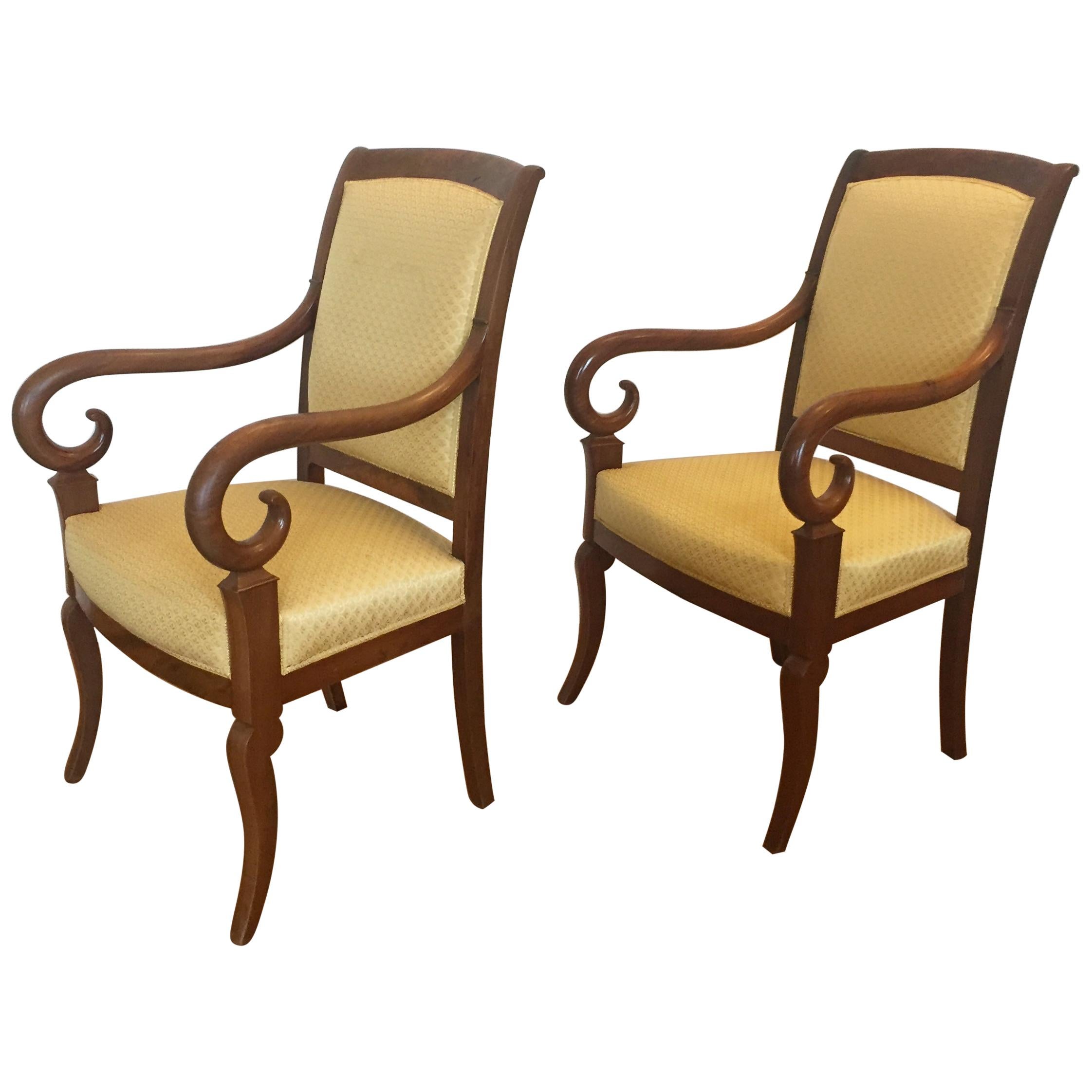 Pair of French Louis Phillipe Mahogany Armchairs Recovered in a Yellow Fabric For Sale