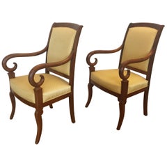 Antique Pair of French Louis Phillipe Mahogany Armchairs Recovered in a Yellow Fabric