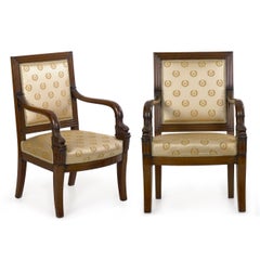 Pair of French Louis Phillipe Napoleonic Carved Mahogany Armchairs, circa 1840