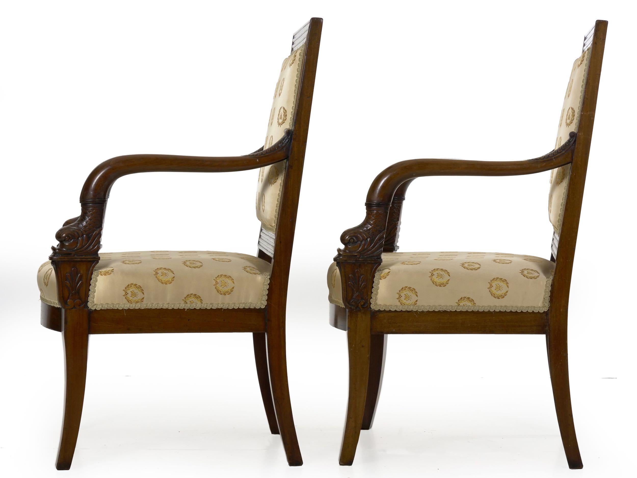 Louis Philippe Pair of French Louis Phillipe Napoleonic Carved Mahogany Armchairs, circa 1840