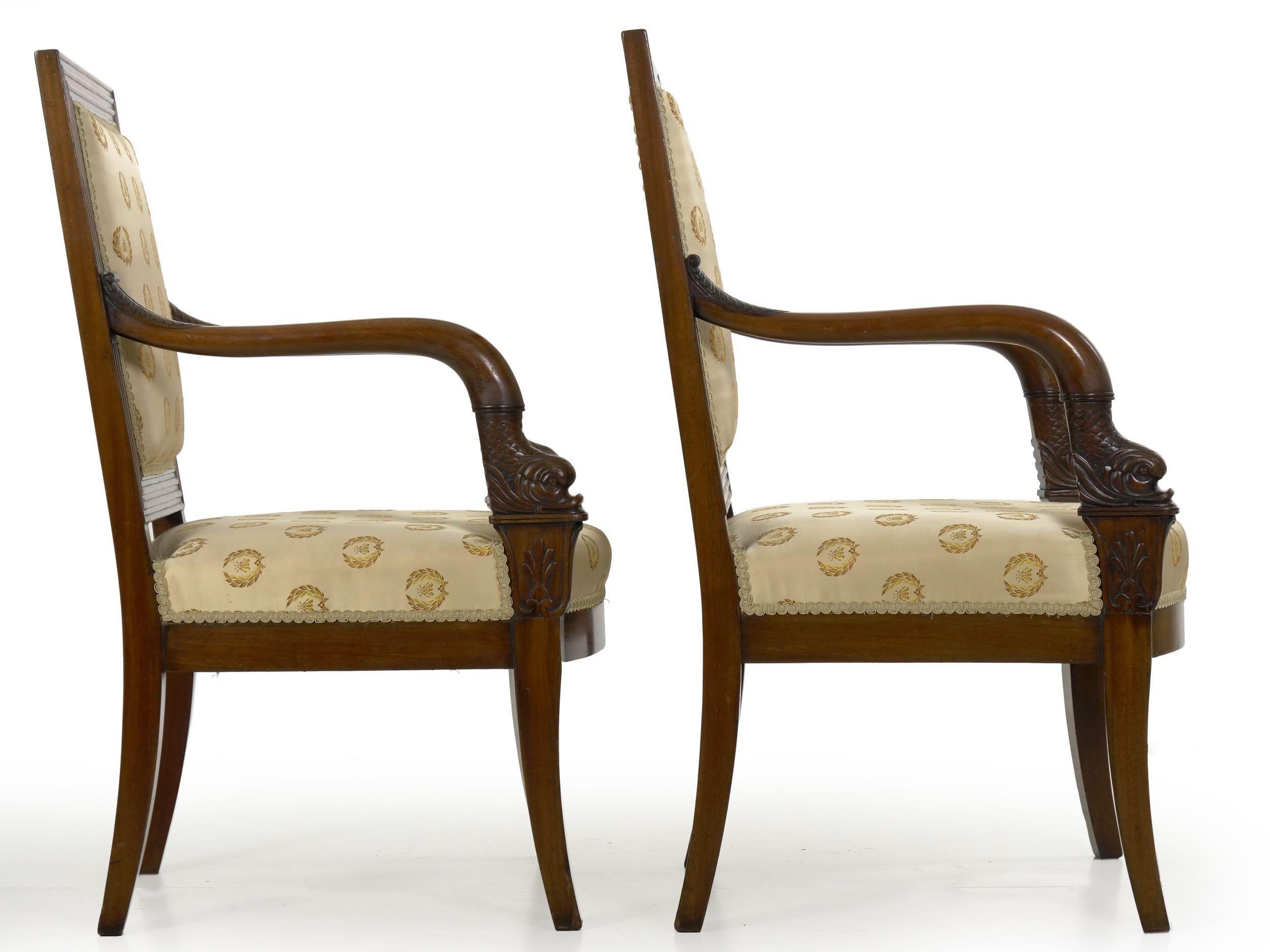 19th Century Pair of French Louis Phillipe Napoleonic Carved Mahogany Armchairs, circa 1840