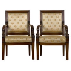 Pair of French Louis Phillipe Napoleonic Carved Mahogany Armchairs, circa 1840