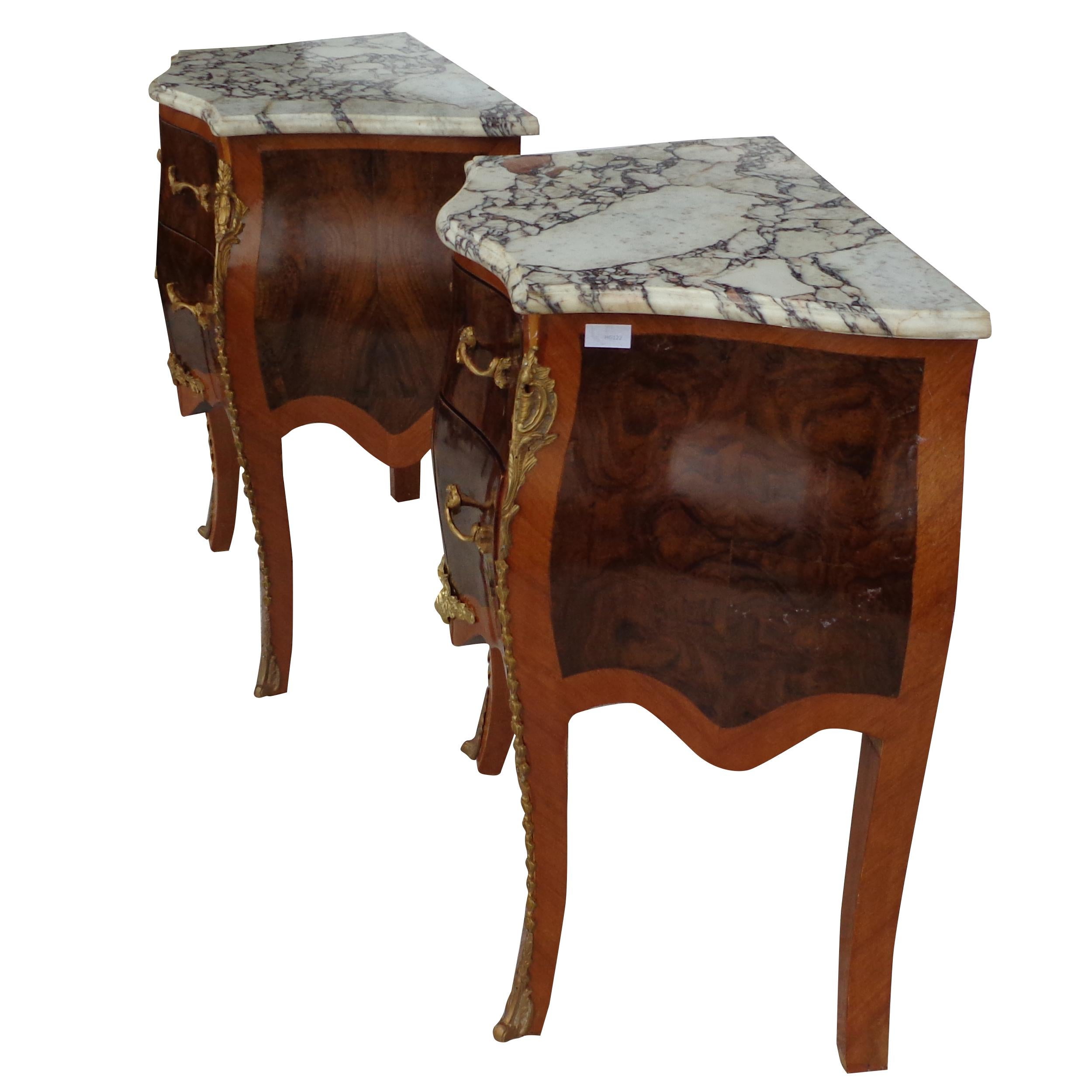 Parquetry Pair of French Louis VI Style Commode Nightstands with Marble Tops