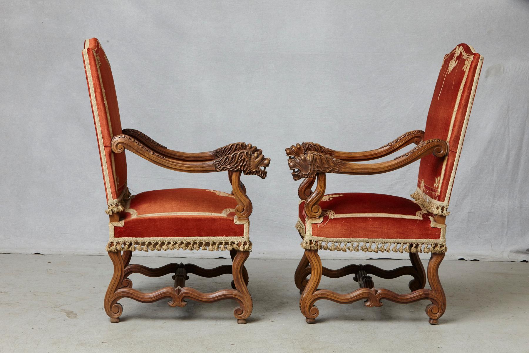 European Pair of French Louis XIII Os De Mouton Throne Armchairs with  For Sale