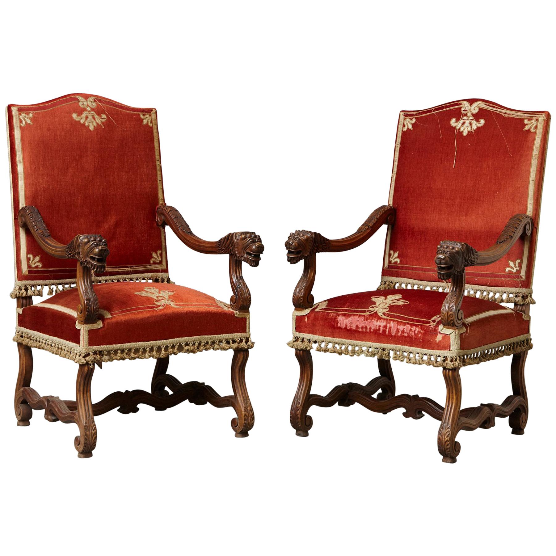 Pair of French Louis XIII Os De Mouton Throne Armchairs with  For Sale