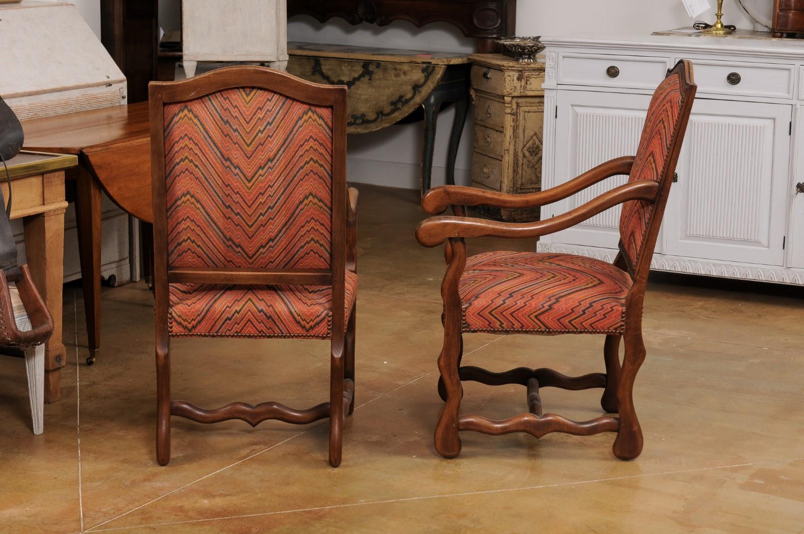 Upholstery Pair of French Louis XIII Style 1900s Camelback Fauteuils with Os de Mouton Base