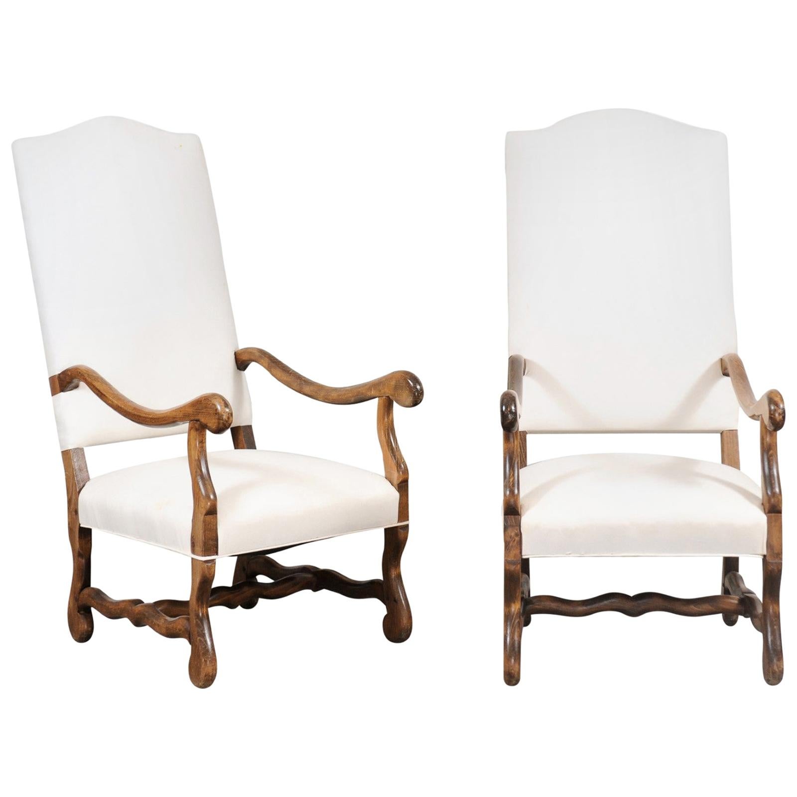 Pair of French Louis XIII Style 19th Century Os de Mouton Upholstered Armchairs