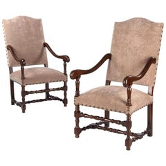 Pair of French Louis XIII Style Upholstered Beechwood Armchairs, circa 1920s