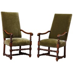 Pair of French Louis XIII Style Walnut Fauteuils / Throne Chairs in Green Mohair