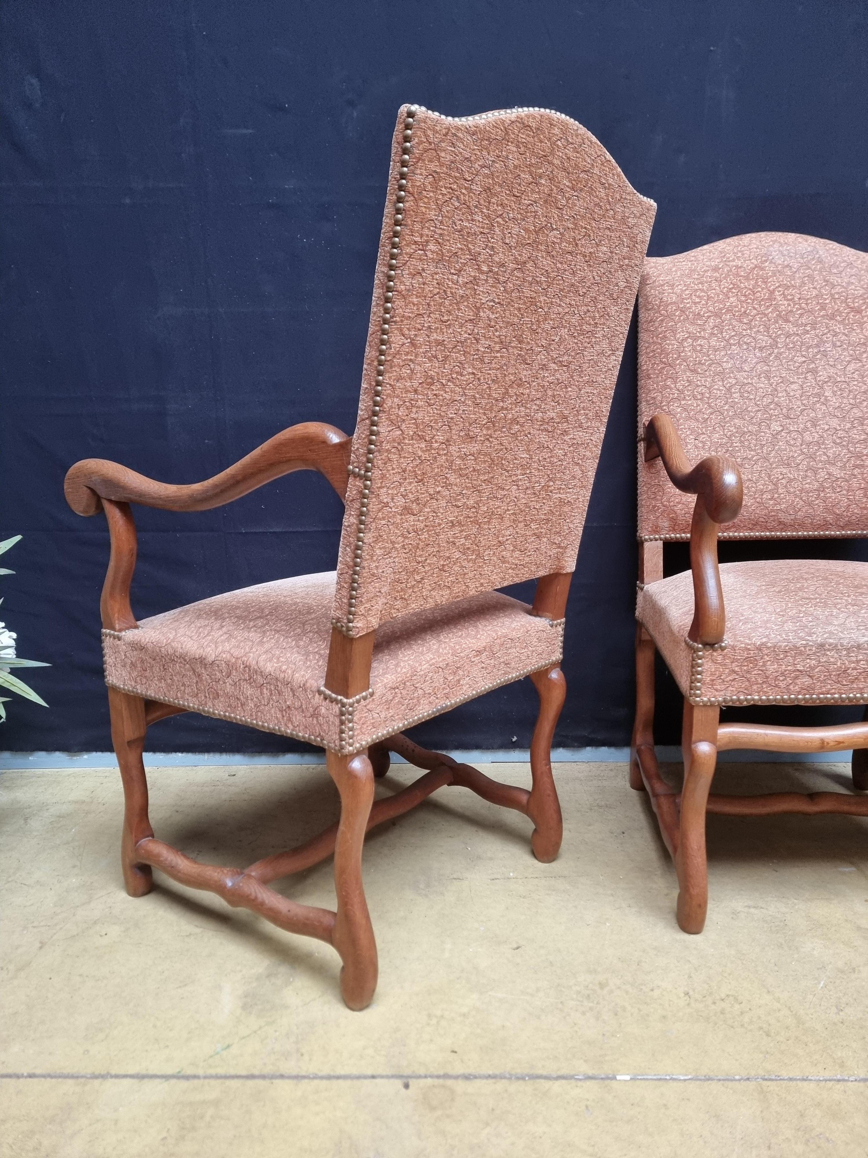 Upholstery Pair of French Louis XIII Style Walnut Os de Mouton Chairs with Scrolling Arms For Sale