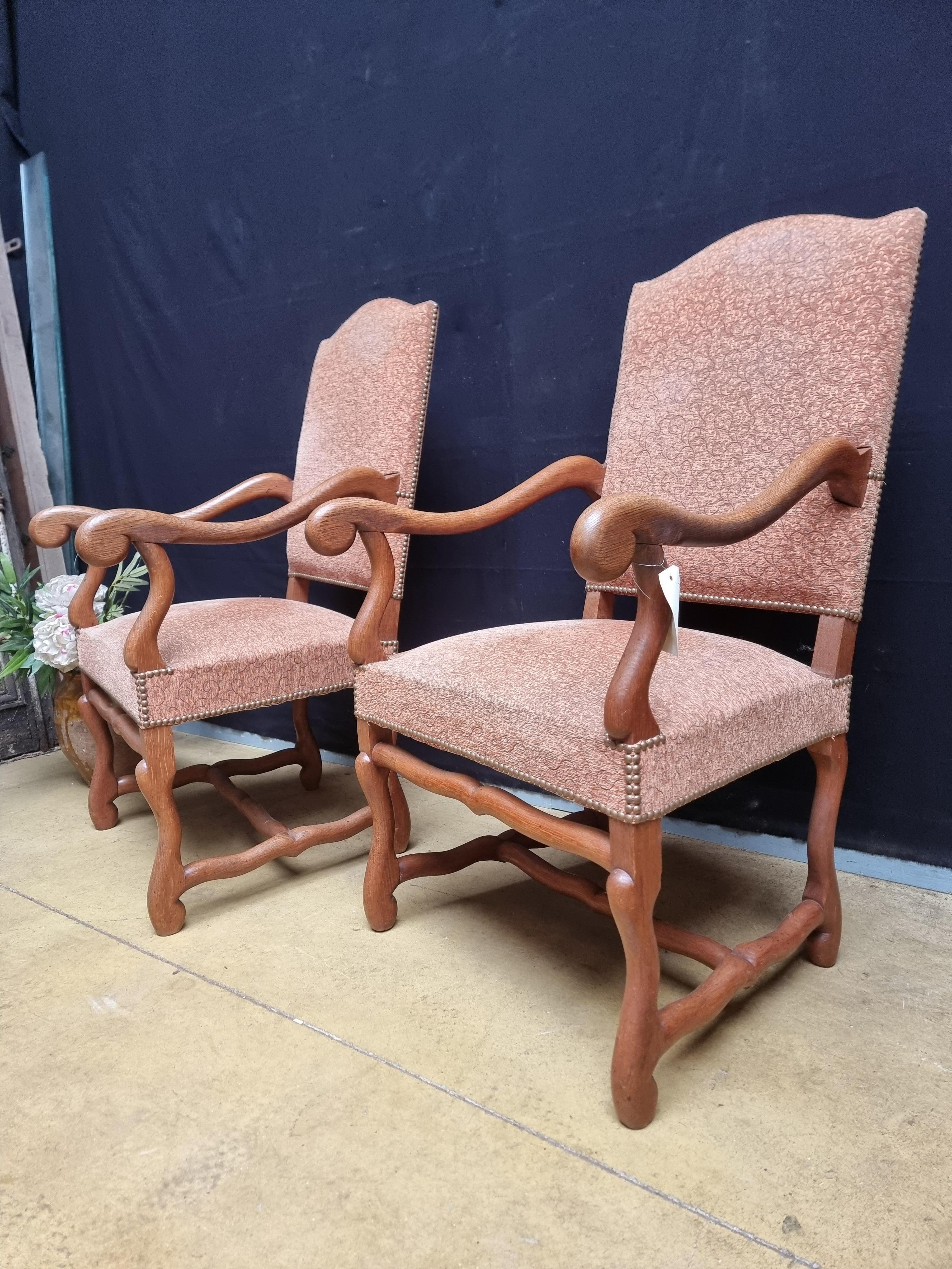 Pair of French Louis XIII Style Walnut Os de Mouton Chairs with Scrolling Arms For Sale 3