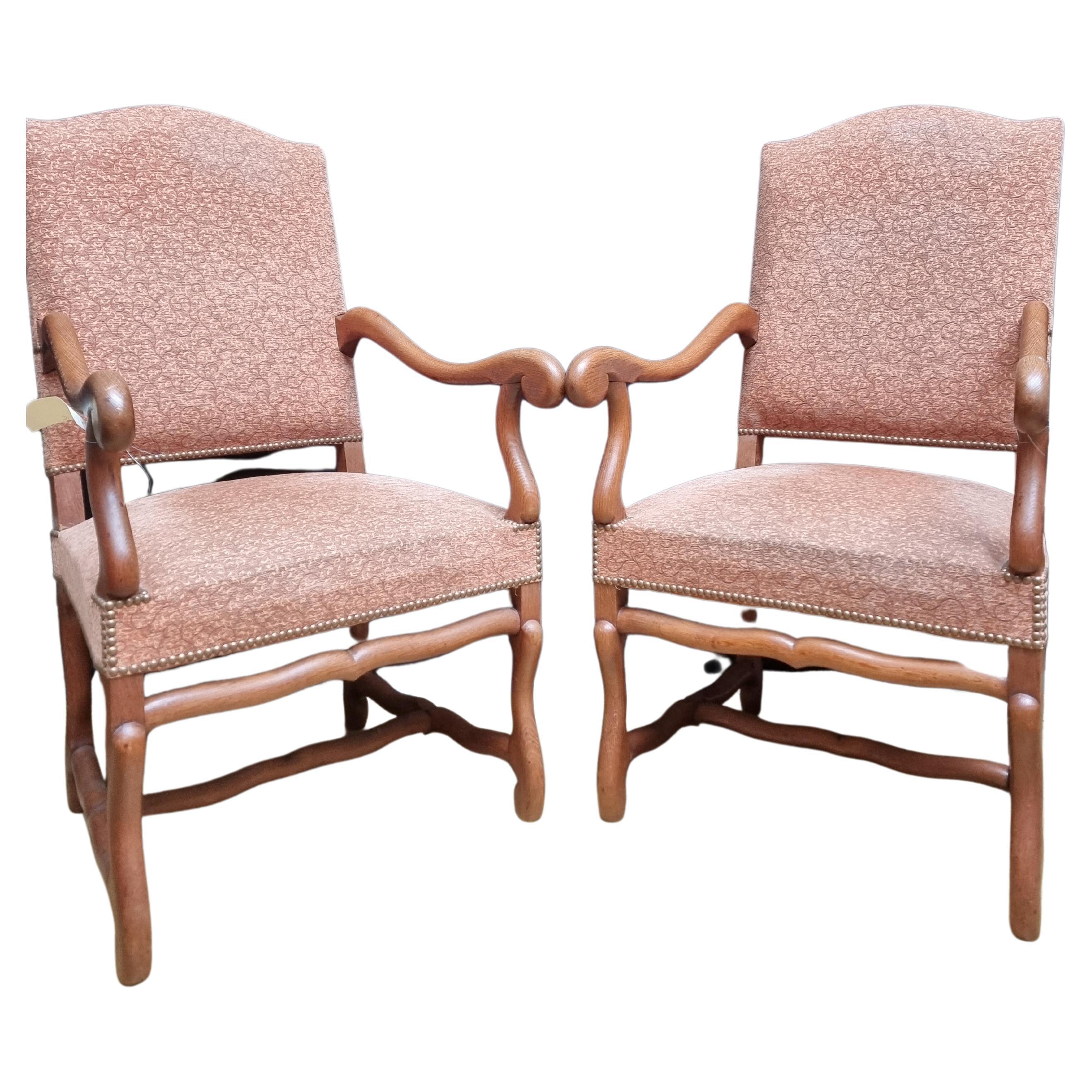 Pair of French Louis XIII Style Walnut Os de Mouton Chairs with Scrolling Arms For Sale