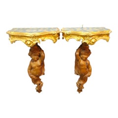 Pair Of French Louis XIV Carved Figural Cherub Wood Sconces c1830