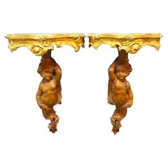 Pair Of French Louis XIV Carved Figural Cherub Wood Sconces c1830