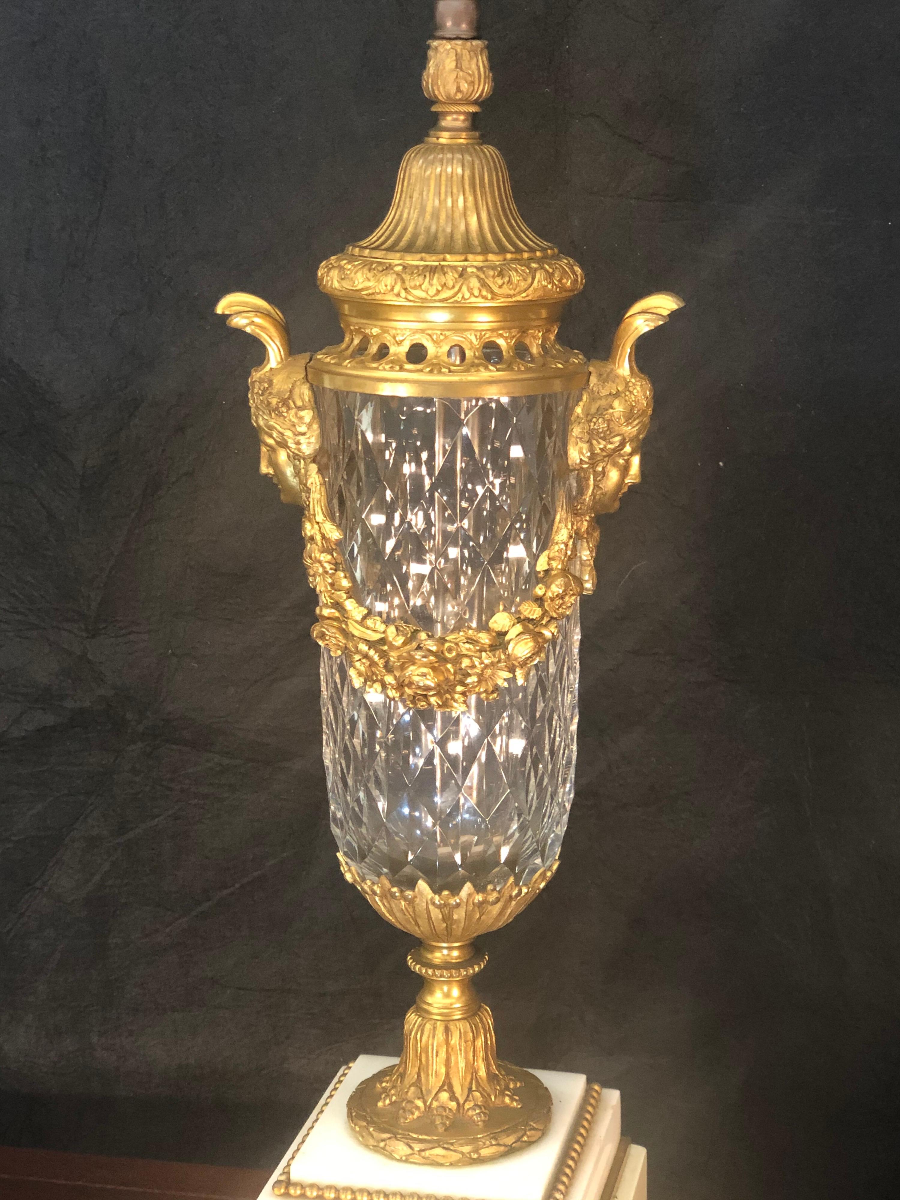 Pair of French Louis XIV Crystal with Bronze Doré Mounted Urns / Lamps, 19th C. 1