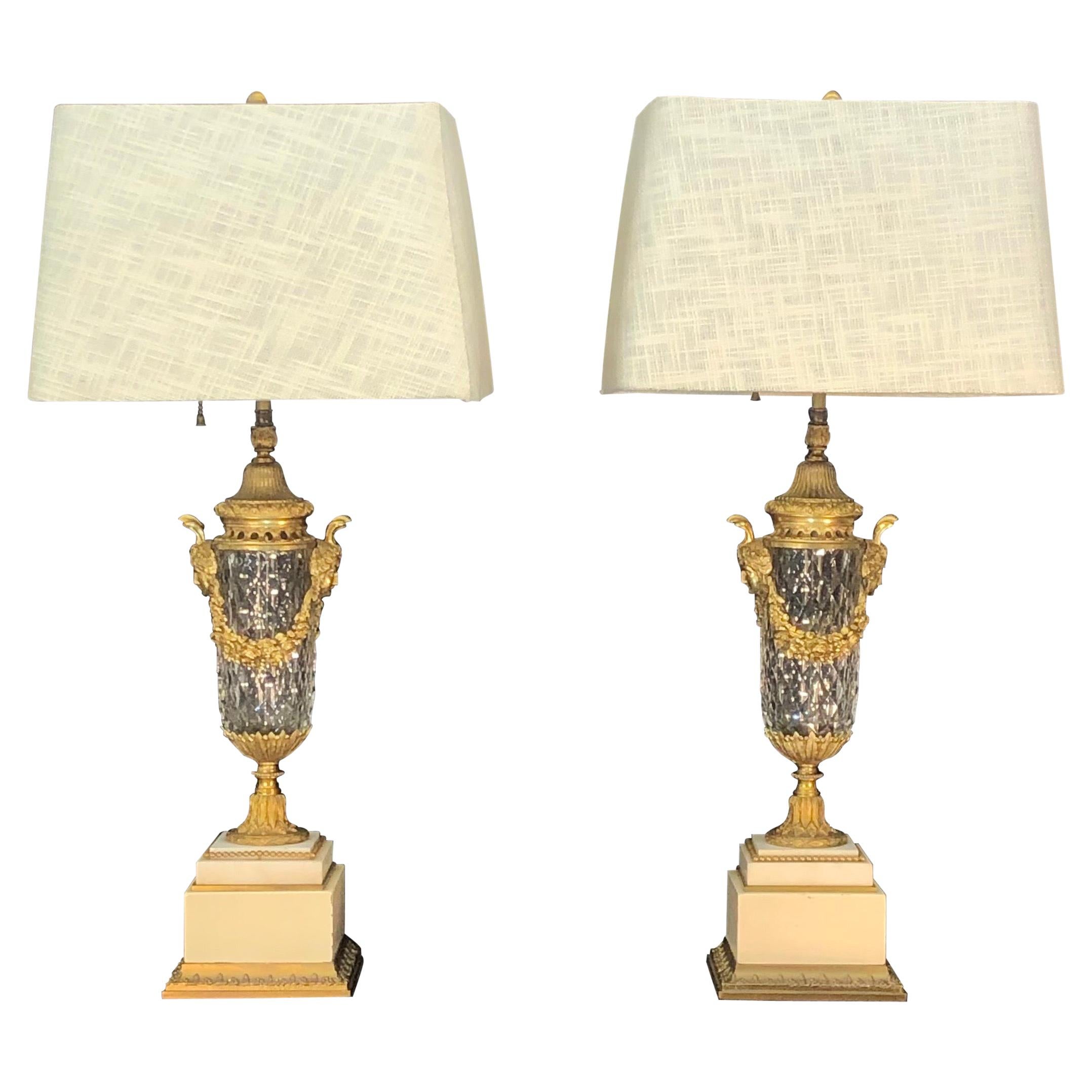 Pair of French Louis XIV Crystal with Bronze Doré Mounted Urns / Lamps, 19th C.