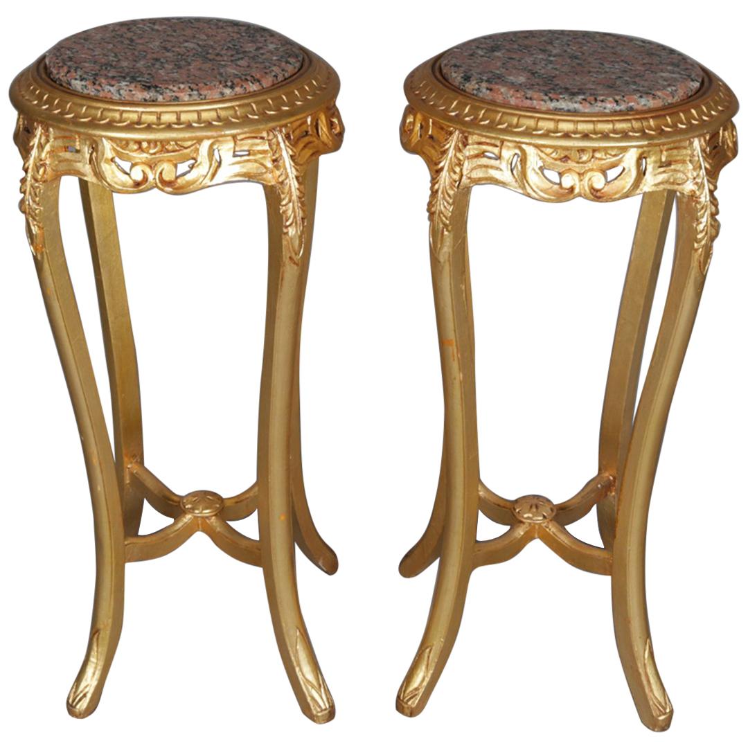 Pair of French Louis XIV Marble-Top Giltwood Sculpture Pedestals, 20th Century