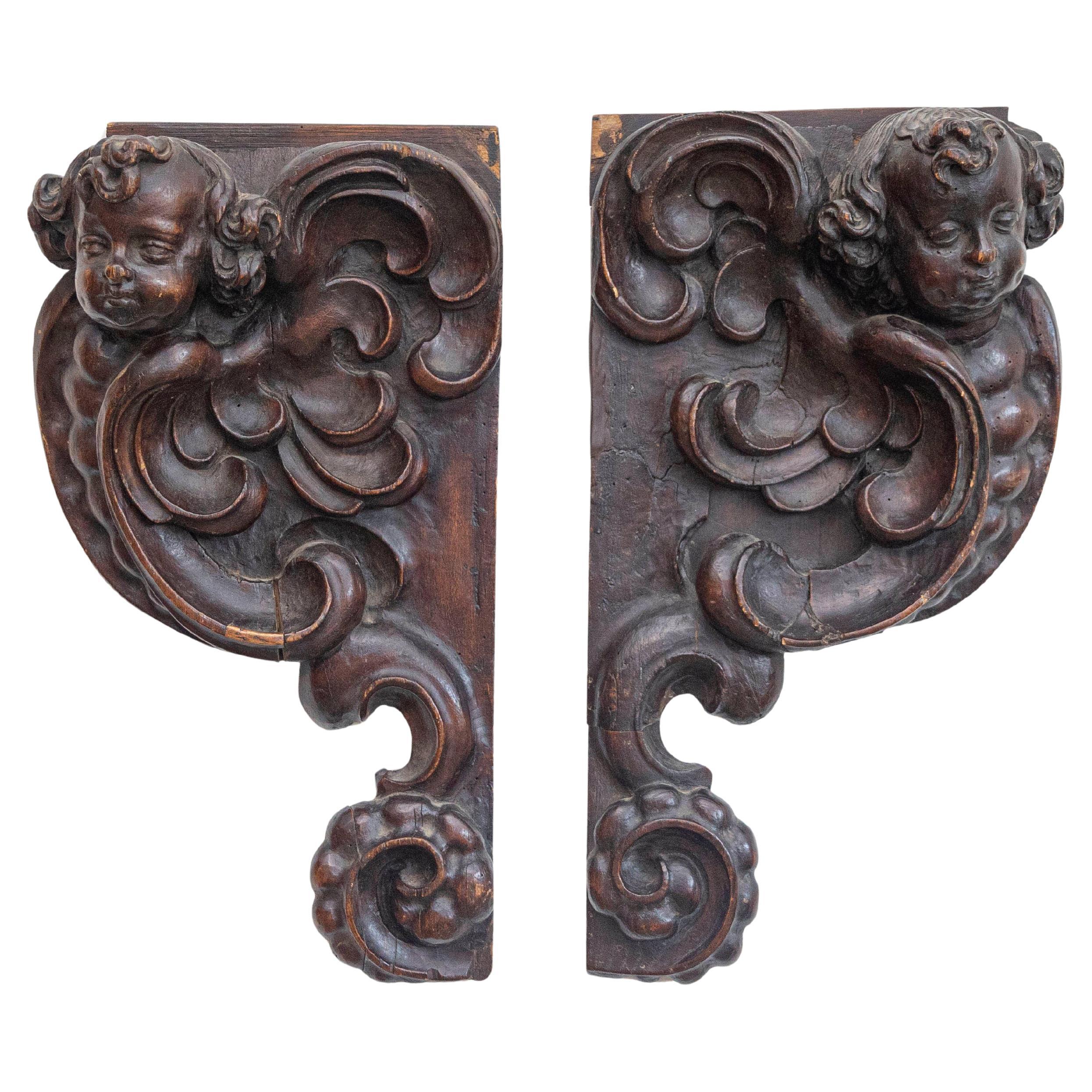 Pair of French Louis XIV Period 1690s Carved Cherub Appliques from Strasbourg