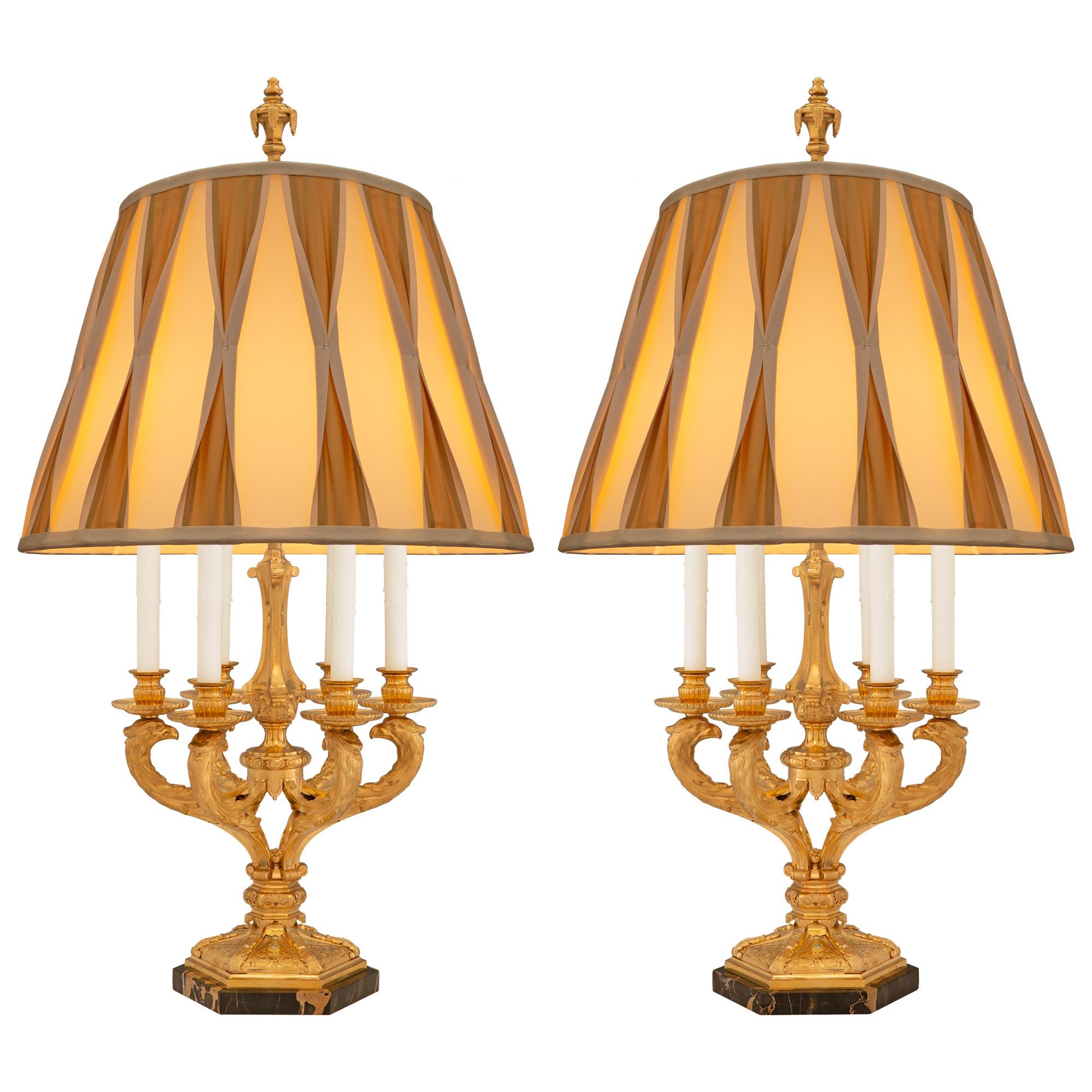 Pair of French Louis XIV St. Ormolu and Portoro Marble Candelabra Lamps For Sale 6