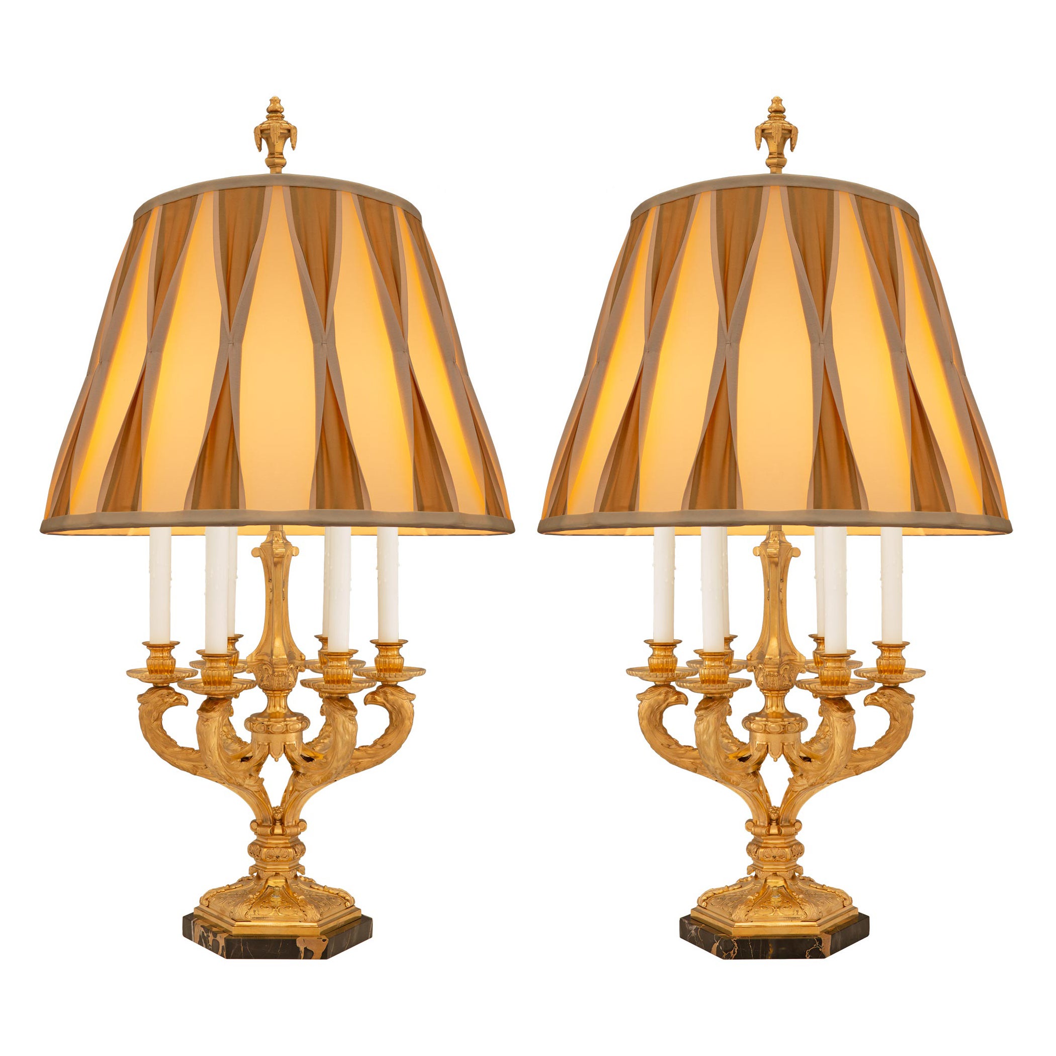 Pair of French Louis XIV St. Ormolu and Portoro Marble Candelabra Lamps For Sale