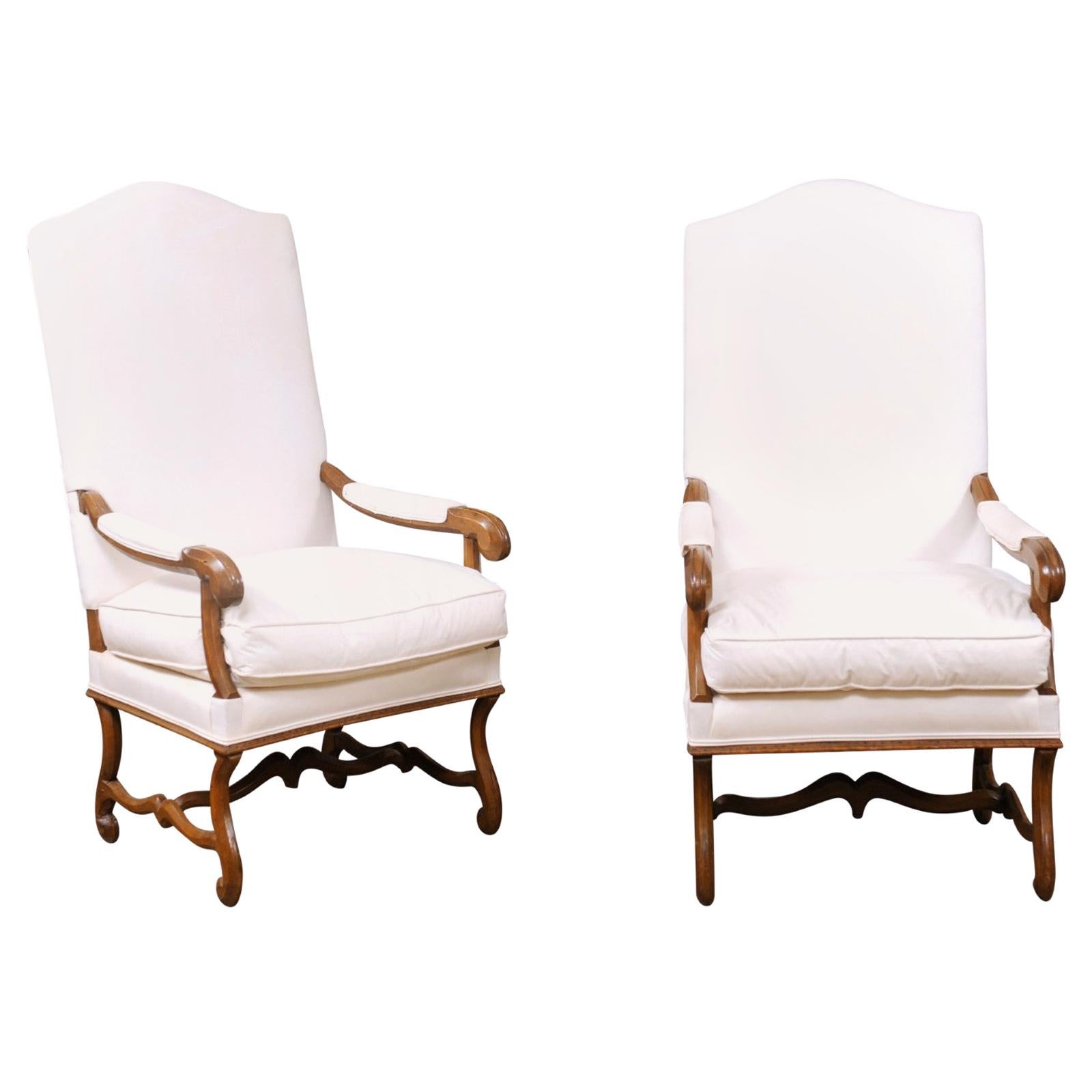 Pair of French Louis XIV Style 19th Century Walnut Fauteuils with New Upholstery