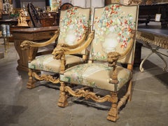 Pair of French Louis XIV Style Bleached Walnut and Floral Armchairs, Circa 1870