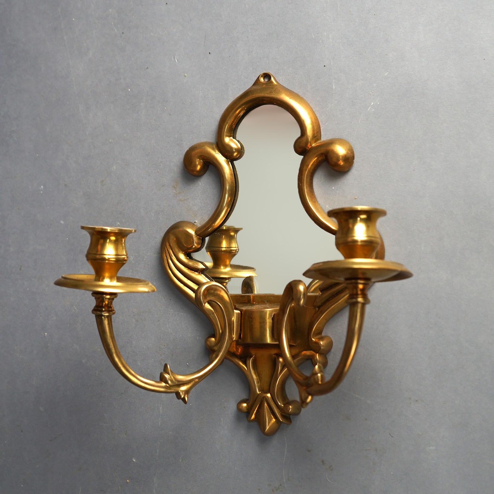 Cast Pair of French Louis XIV Style Bronze Mirrored Candle Sconces C1930 For Sale