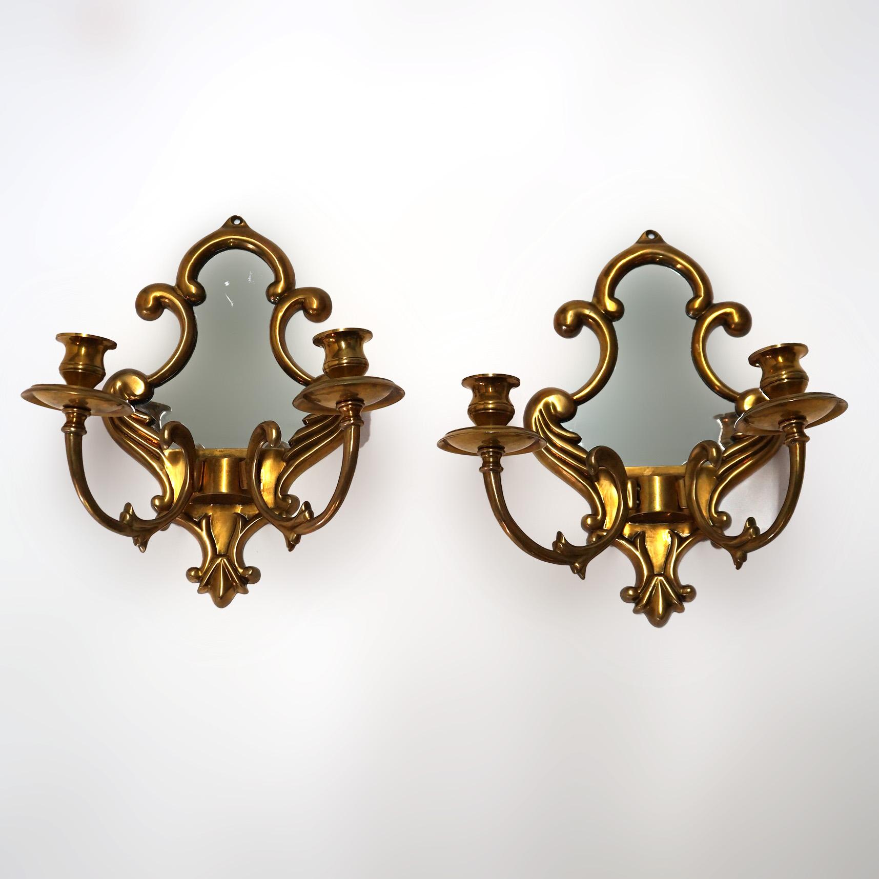 Pair of French Louis XIV Style Bronze Mirrored Candle Sconces C1930 In Good Condition In Big Flats, NY