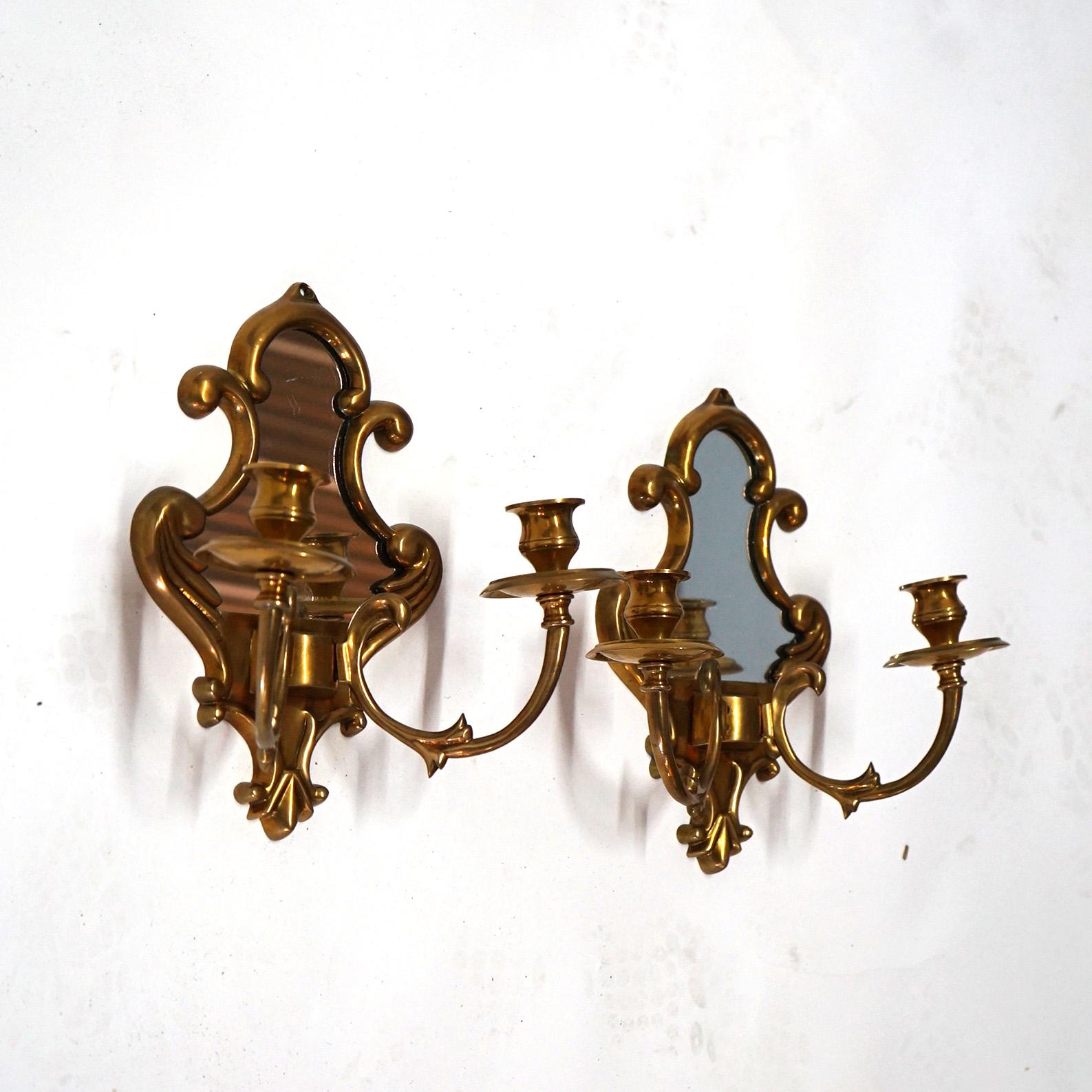 20th Century Pair of French Louis XIV Style Bronze Mirrored Candle Sconces C1930