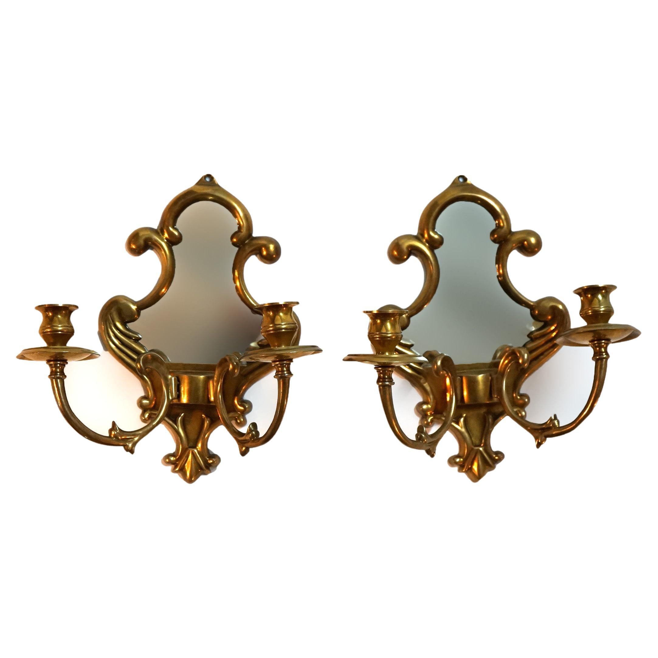 Pair of French Louis XIV Style Bronze Mirrored Candle Sconces C1930 For Sale