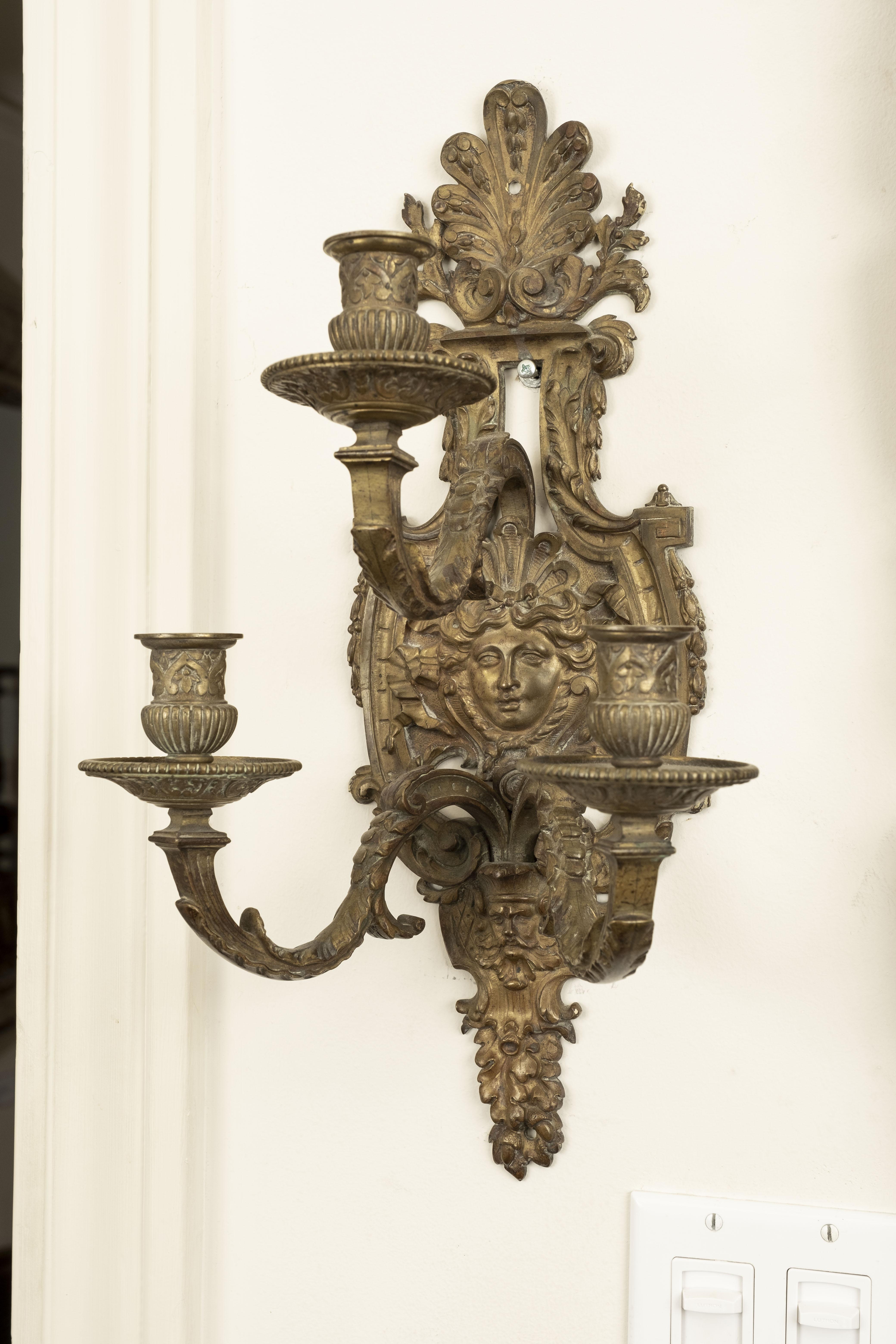 Pair of French Louis XIV Style Bronze Sconces In Good Condition For Sale In Houston, TX