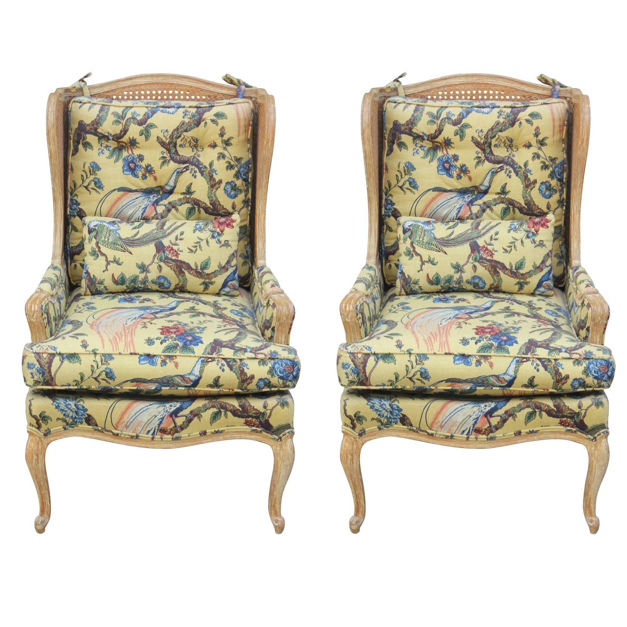 Pair of French Louis XIV Style Cane Bergère Lounge Chairs