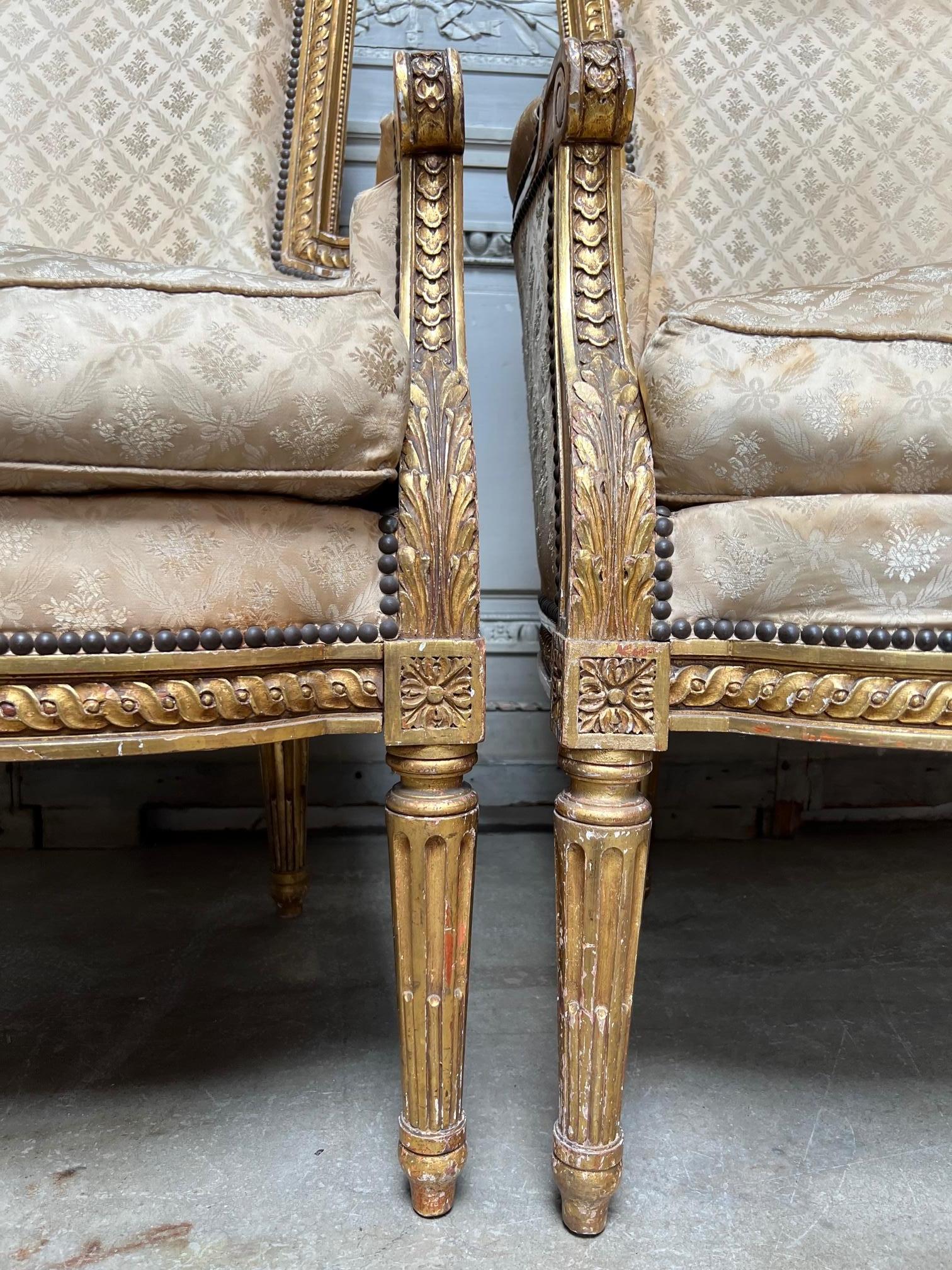 Pair of French Louis XIV Style Gilt Wood Bergeres For Sale 9