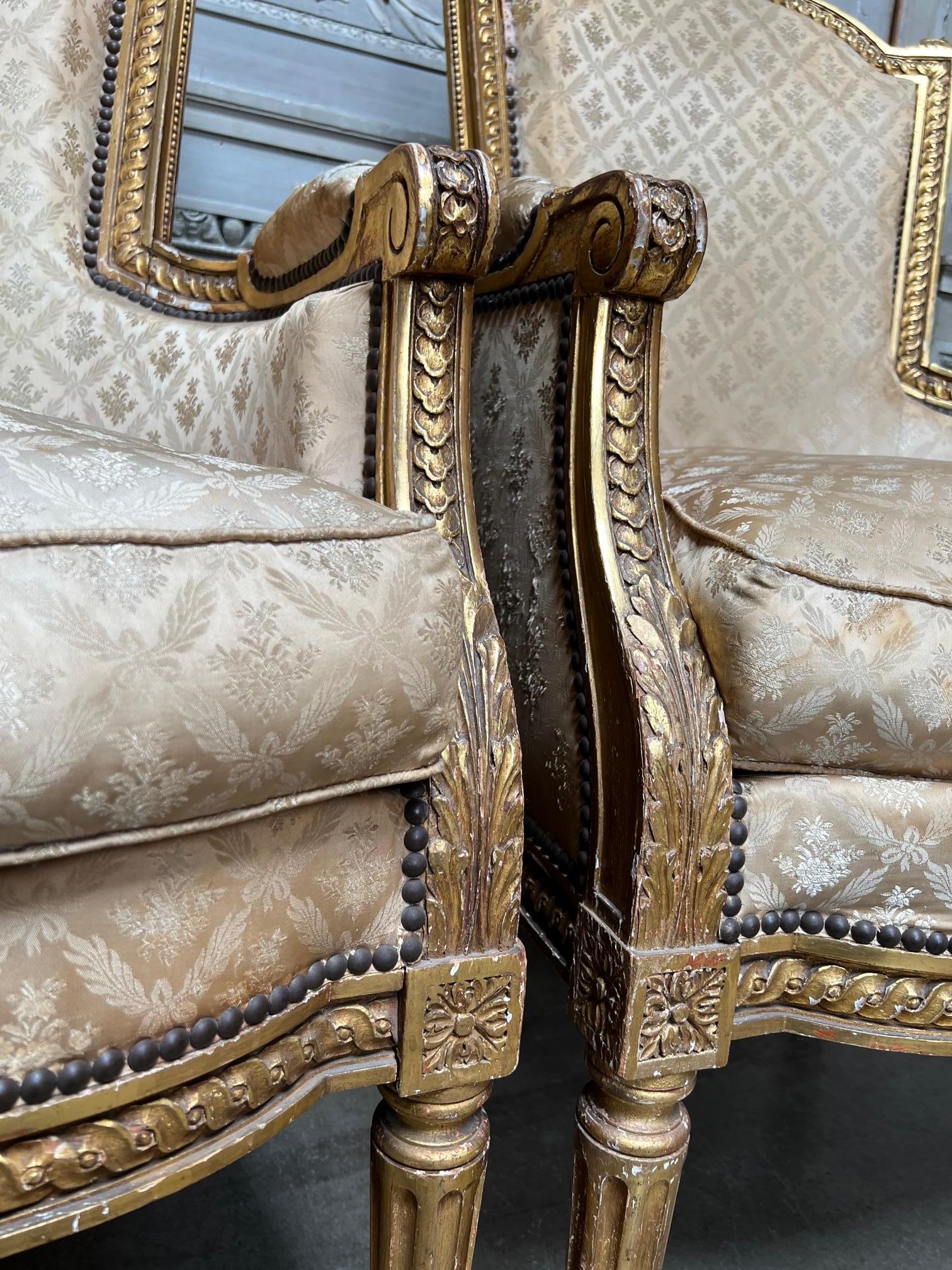 Pair of French Louis XIV Style Gilt Wood Bergeres For Sale 10