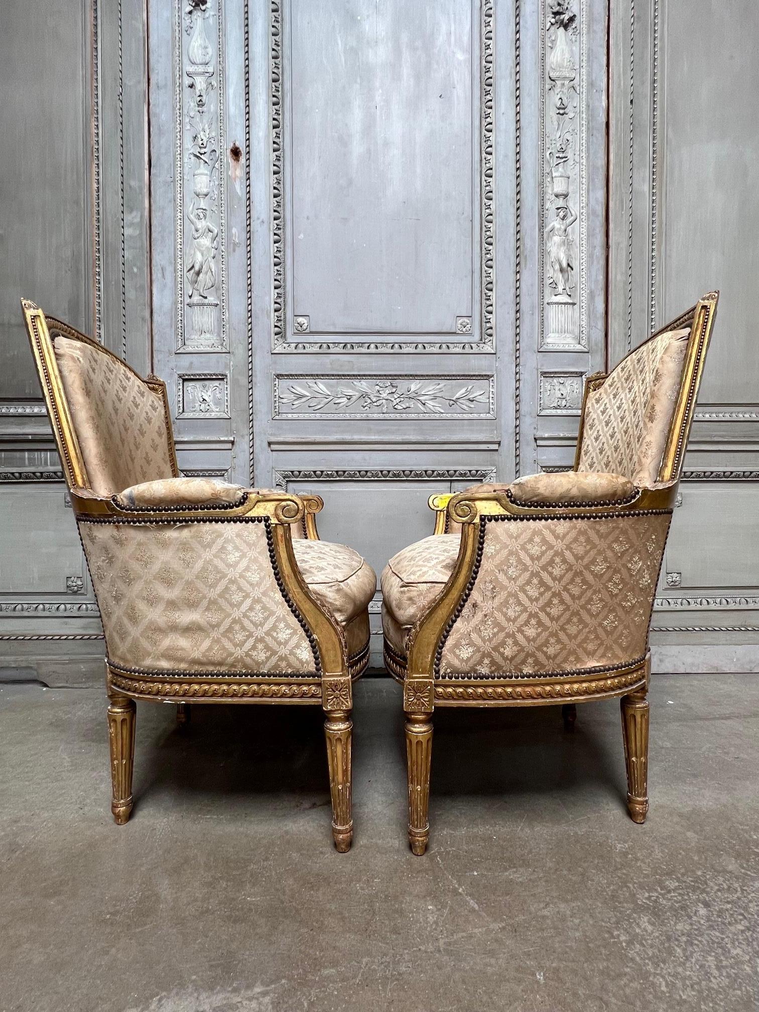 20th Century Pair of French Louis XIV Style Gilt Wood Bergeres For Sale